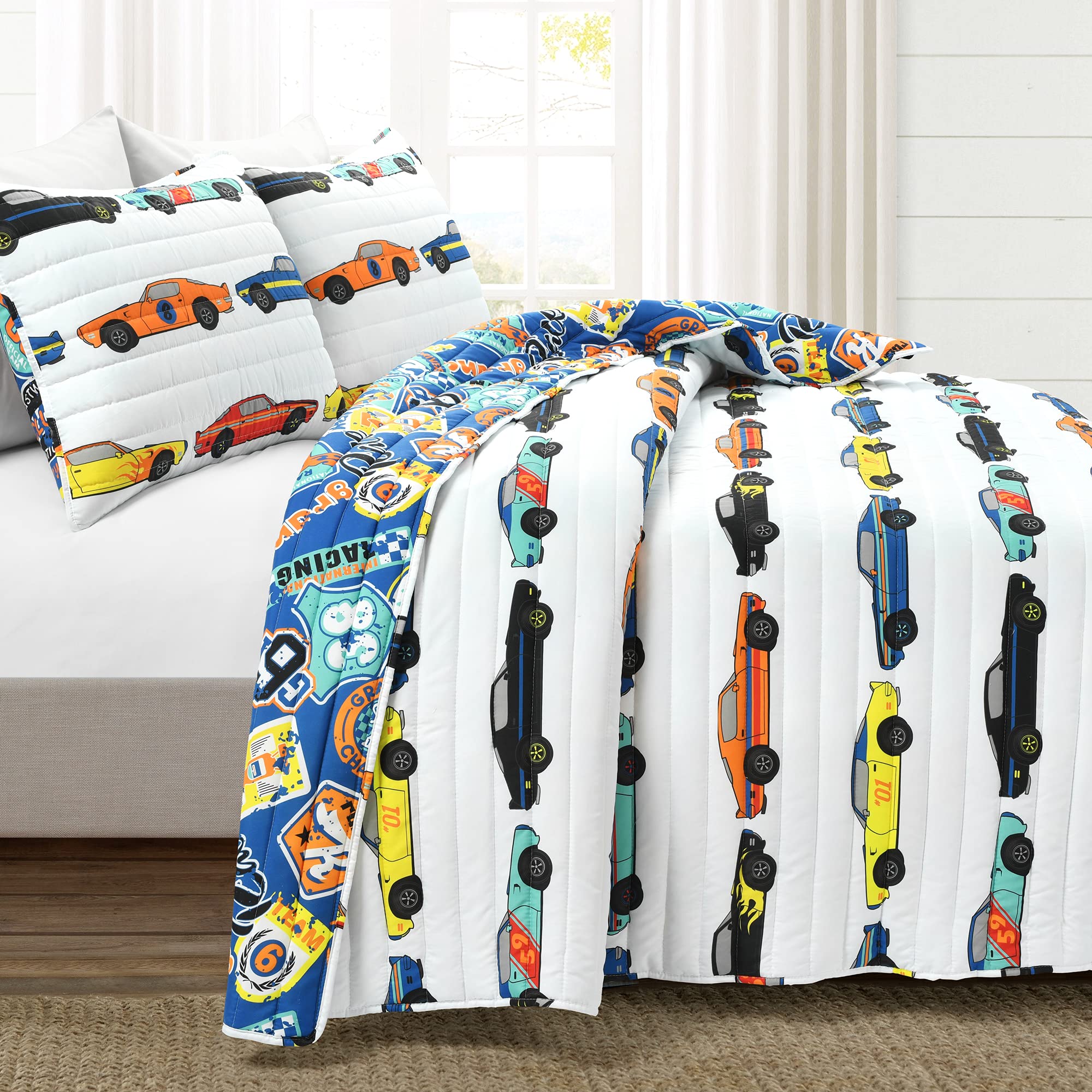Lush Decor Race Car Kids' 2-Piece Quilt Bed Set, Reversible Bedding Set For Boys, White, Twin