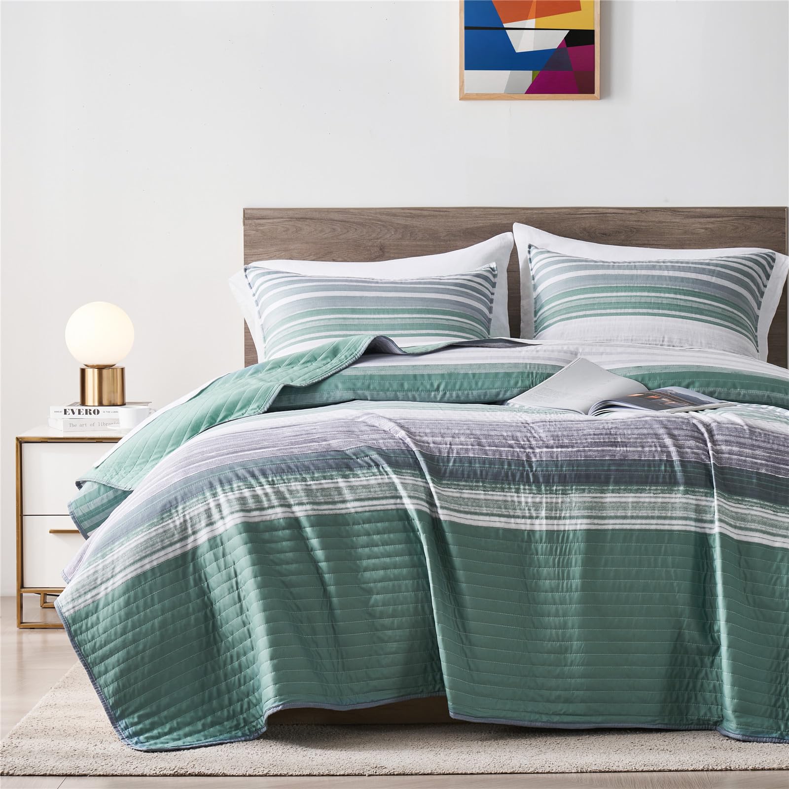 Kakijumn King/Cal King Quilt Bedding Set, White Grey And Green Patchwork Striped Quilt Set, 2 Pieces Soft Lightweight Bedspread