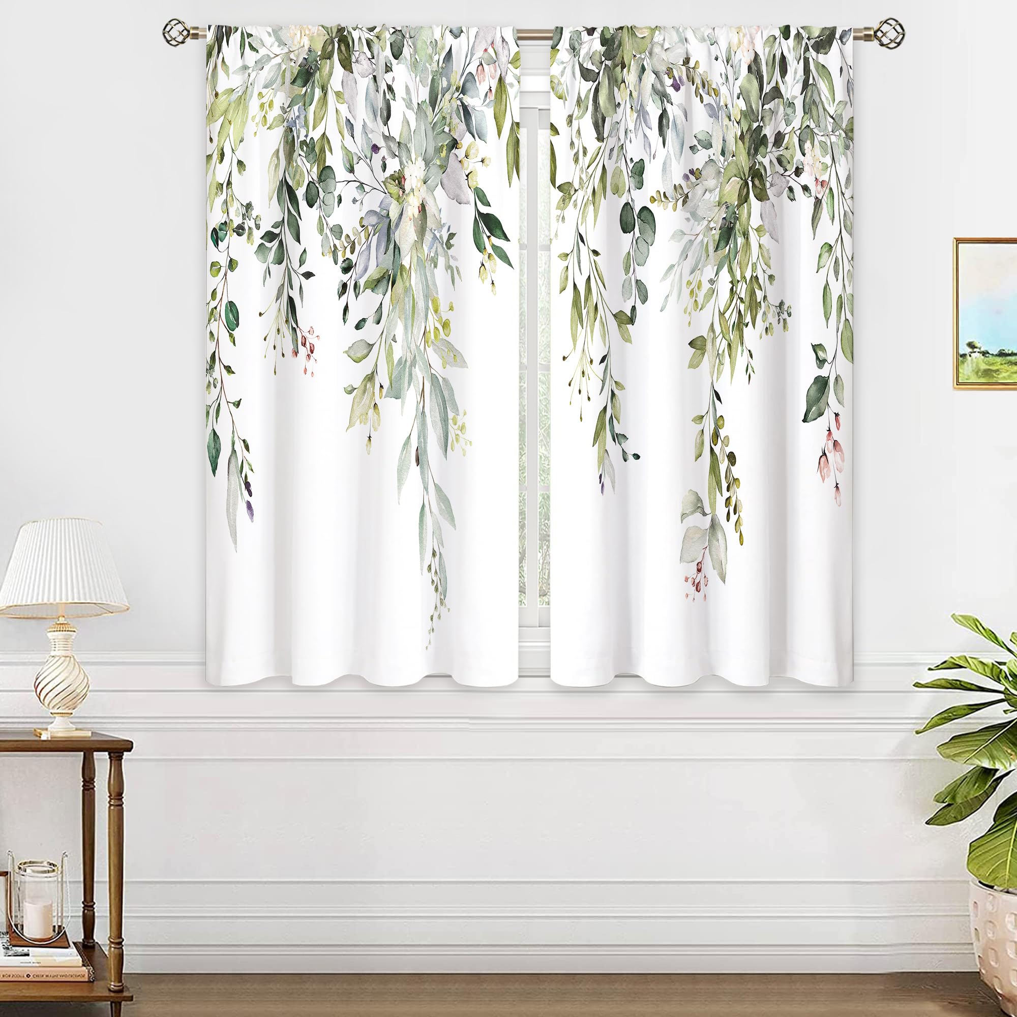 Oolygoo Sage Green Eucalyptus Leaves Window Curtains Flower Watercolor Floral Botanicalplant Wildflower Farmhouse Curtain Drapes