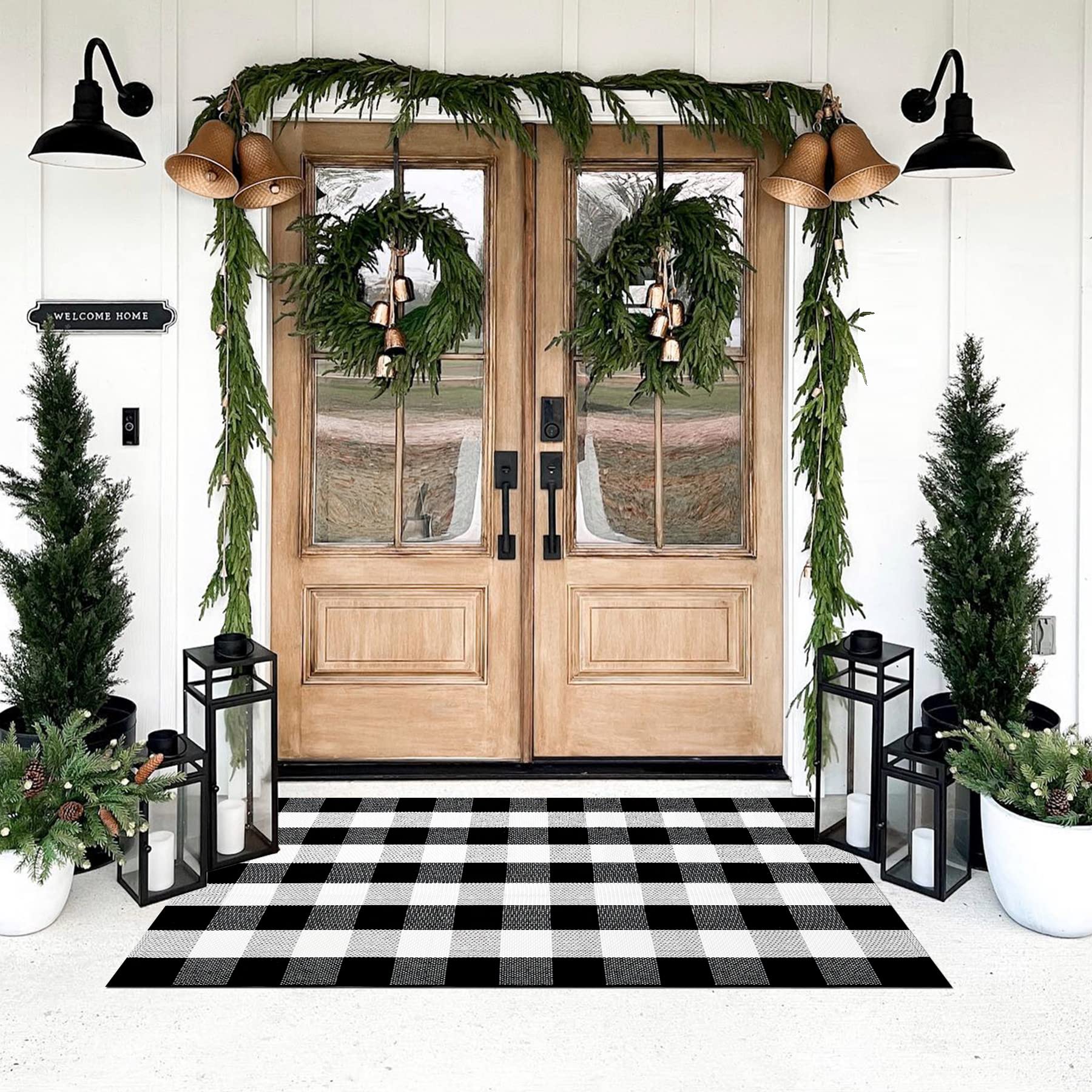 SEEKSEE Cotton Buffalo Plaid Rug 3x5 Black and White Checked Rug Washable Doormats Indoor Outdoor Rugs for Layered Front Door 