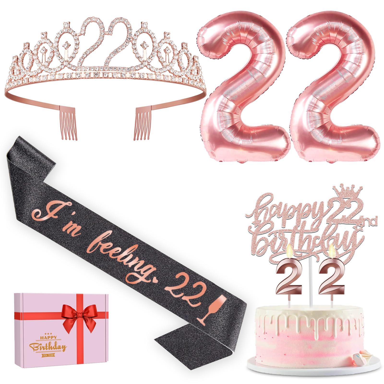 22 Birthday Decorations for Women with Black 22nd Birthday Sash and Tiara, Cake Topper and Candles, Number Balloons Rose Gold, 2