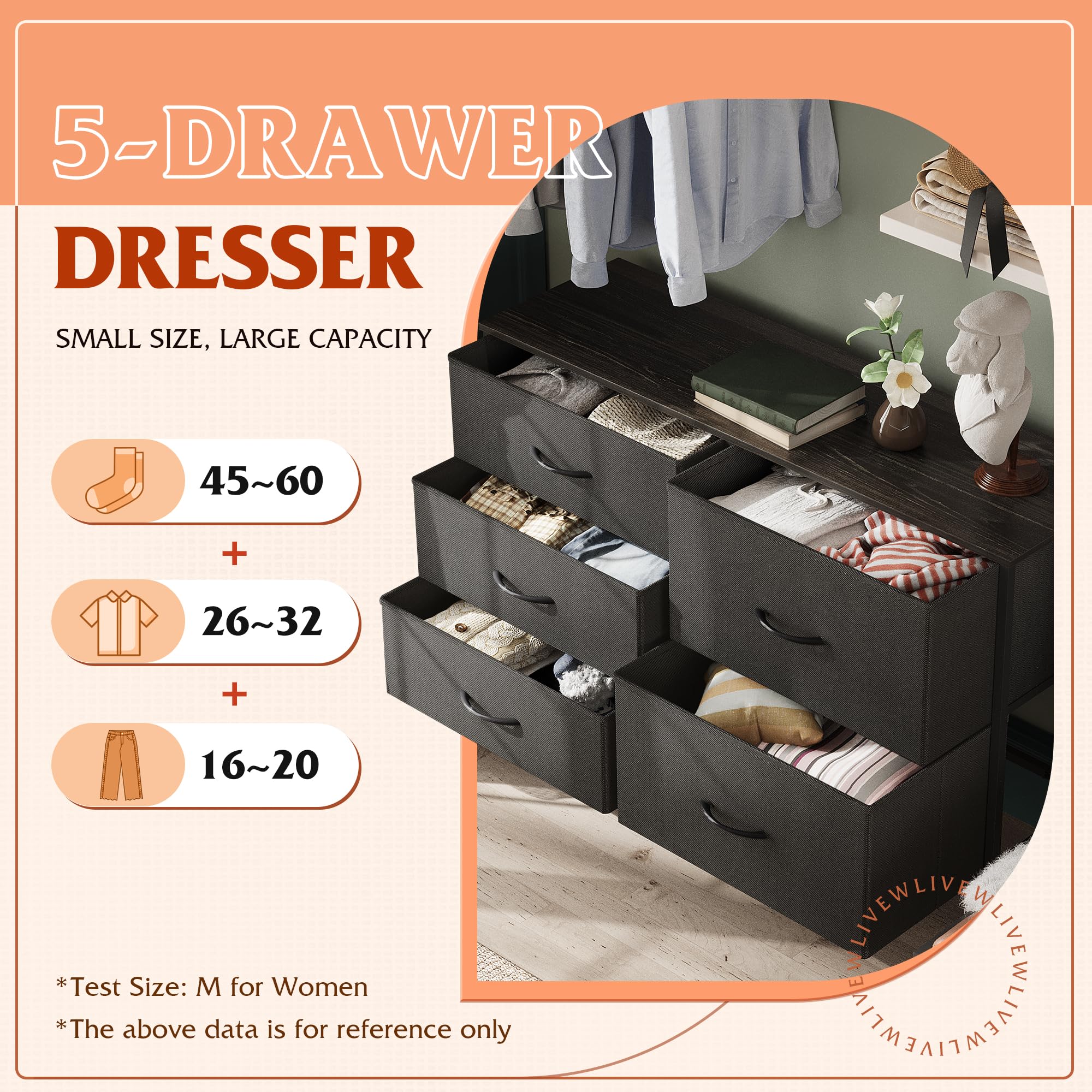Wlive Dresser For Bedroom With 5 Drawers, Wide Bedroom Dresser With Drawer Organizers, Chest Of Drawers, Fabric Dresser For Living Room, Closet, Hallway, Charcoal Black