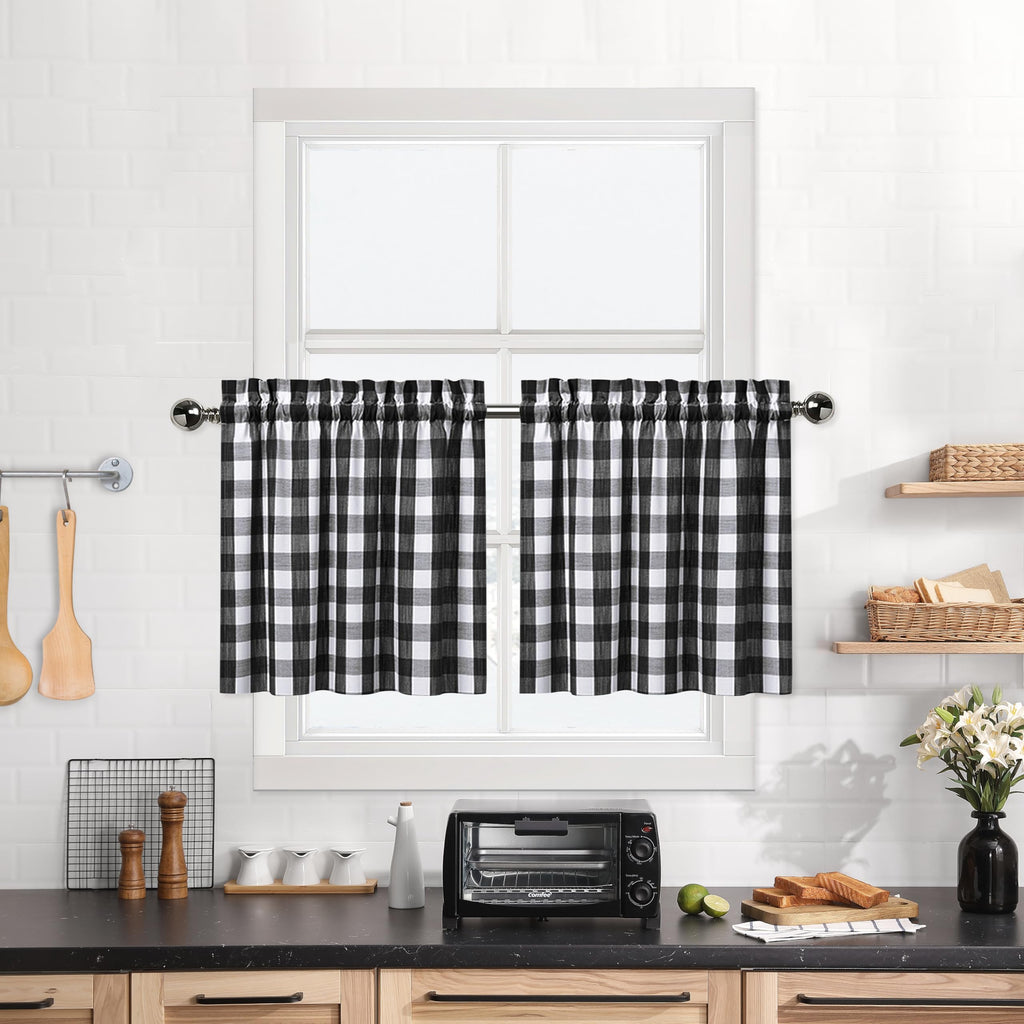 Black And White Farmhouse Gingham Tiers Kitchen Curtains 24 Inches Long, Buffalo Plaid Check Half Window Cafe Curtains For Kitch