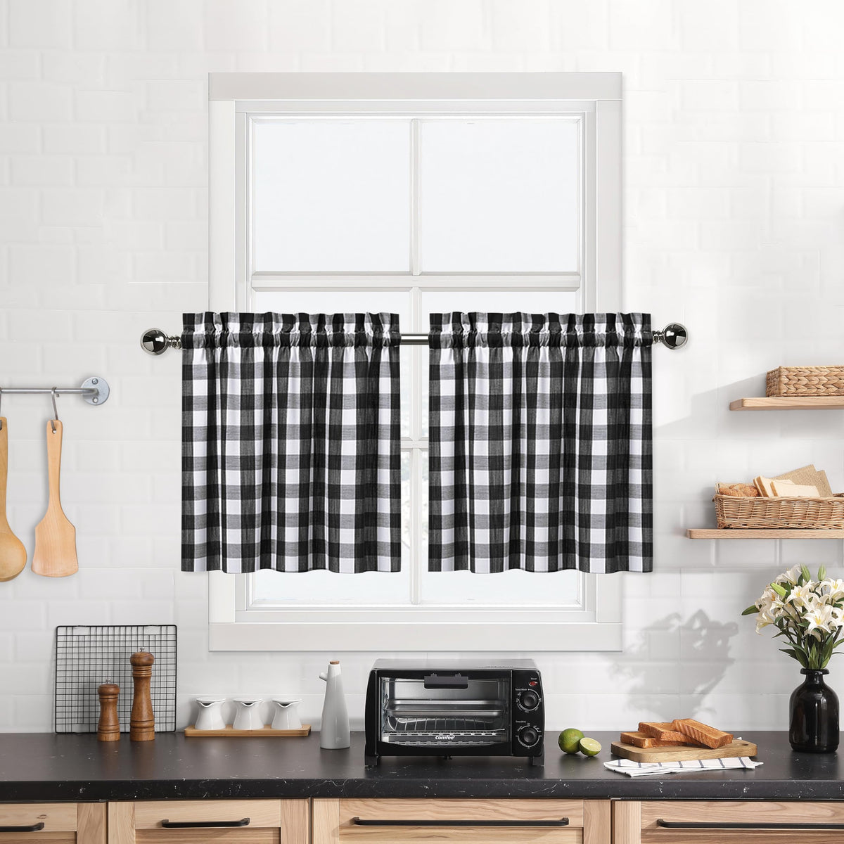 Black And White Farmhouse Gingham Tiers Kitchen Curtains 24 Inches Long, Buffalo Plaid Check Half Window Cafe Curtains For Kitch