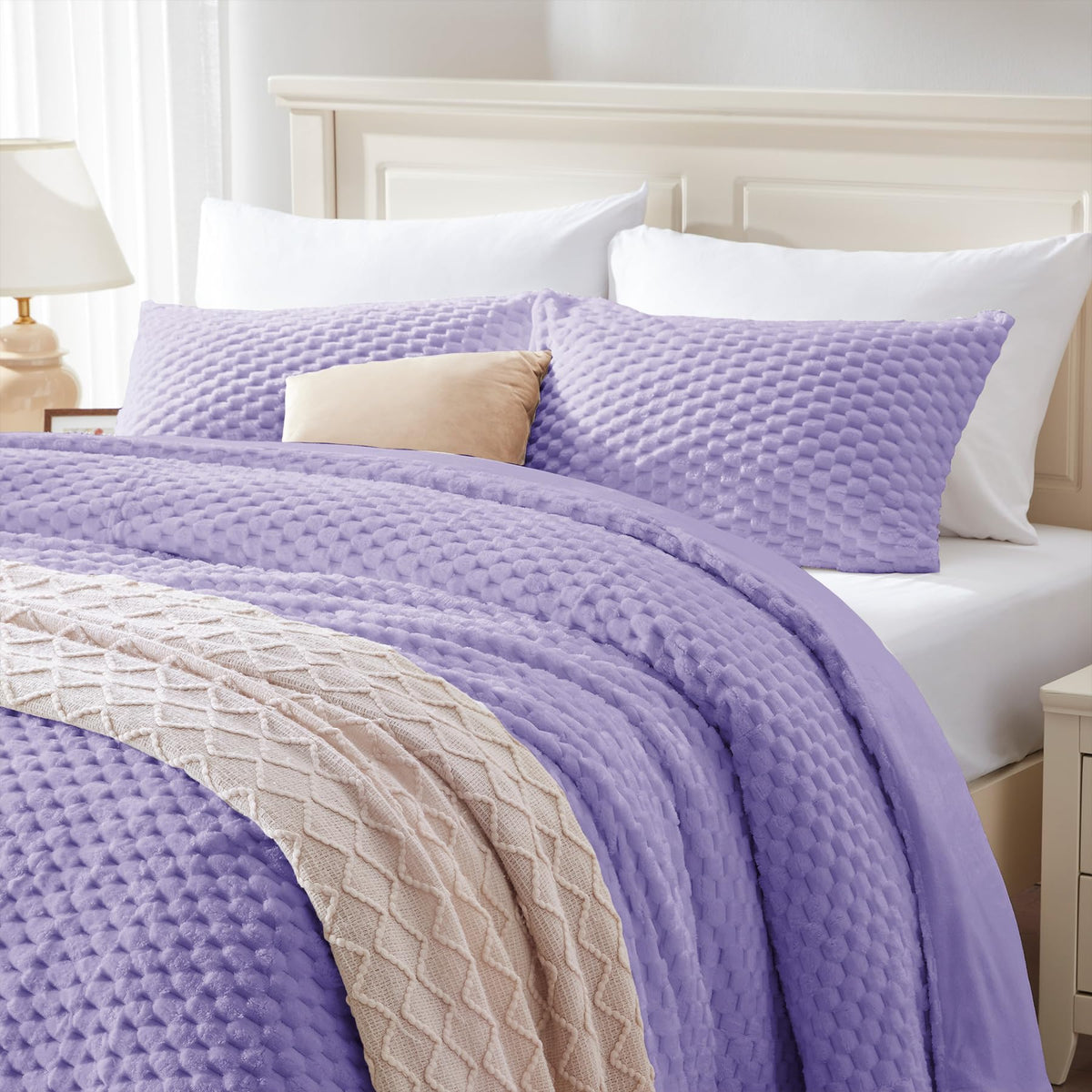 Bedelite Fluffy Queen Comforter Set - Light Purple Fleece Soft Comforter For Queen Size Bed, Luxury Warm Bedding Set For Winter,