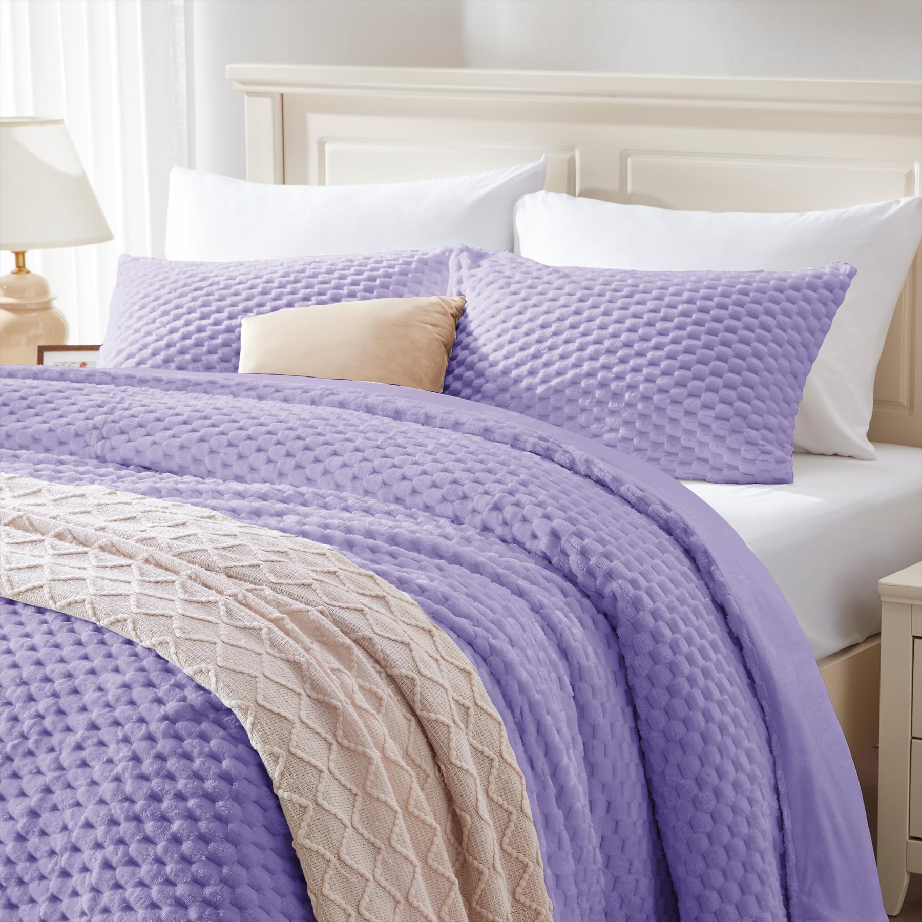 Bedelite Fluffy King Size Comforter Set - Light Purple Fleece Soft Comforter For King Size Bed, Luxury Warm Bedding Set For Wint