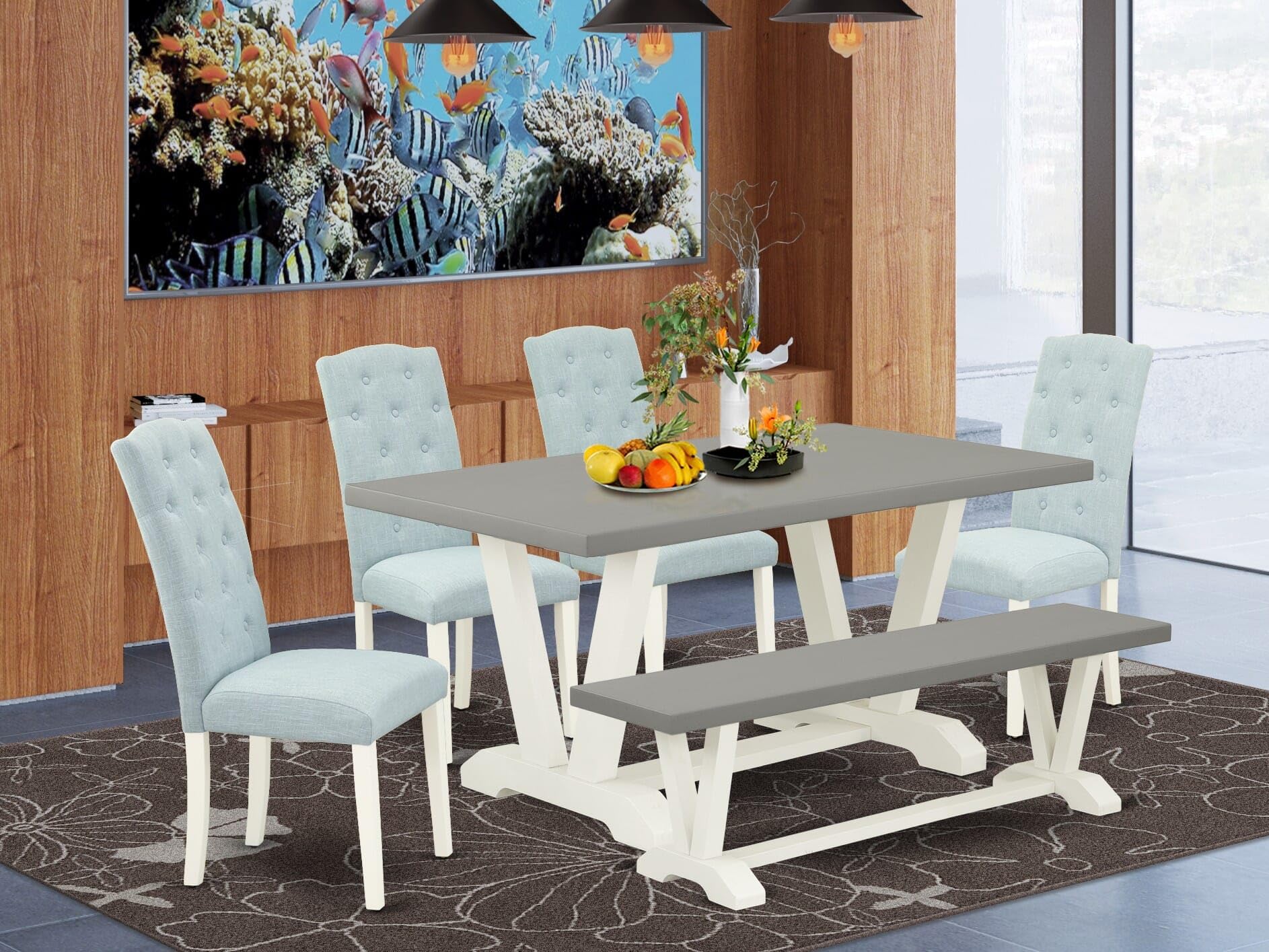 East West Furniture V096Ce215-6 6 Piece Kitchen Table Set Contains A Rectangle Dining Table With V-Legs And 4 Baby Blue Linen Fabric Upholstered Chairs With A Bench, 36X60 Inch, Multi-Color