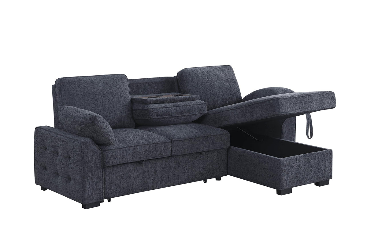 Lilola Home Mackenzie 91" W Dark Gray Chenille Fabric Sleeper Sectional with Right-Facing Storage Chaise, Drop-Down Table, Cup Holders and Charging Ports