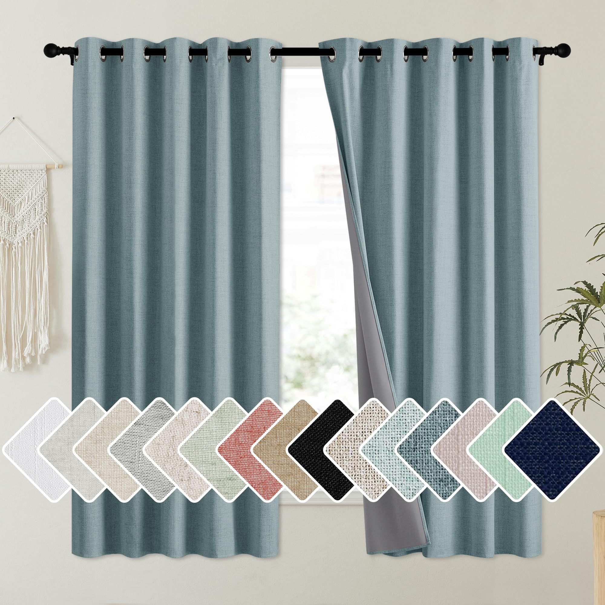 NICETOWN 100% Absolutely Blackout Linen Curtains with Thermal Insulated Liner, Skylark Blue, 62 Wide, 63 Length Energy Saving Cu