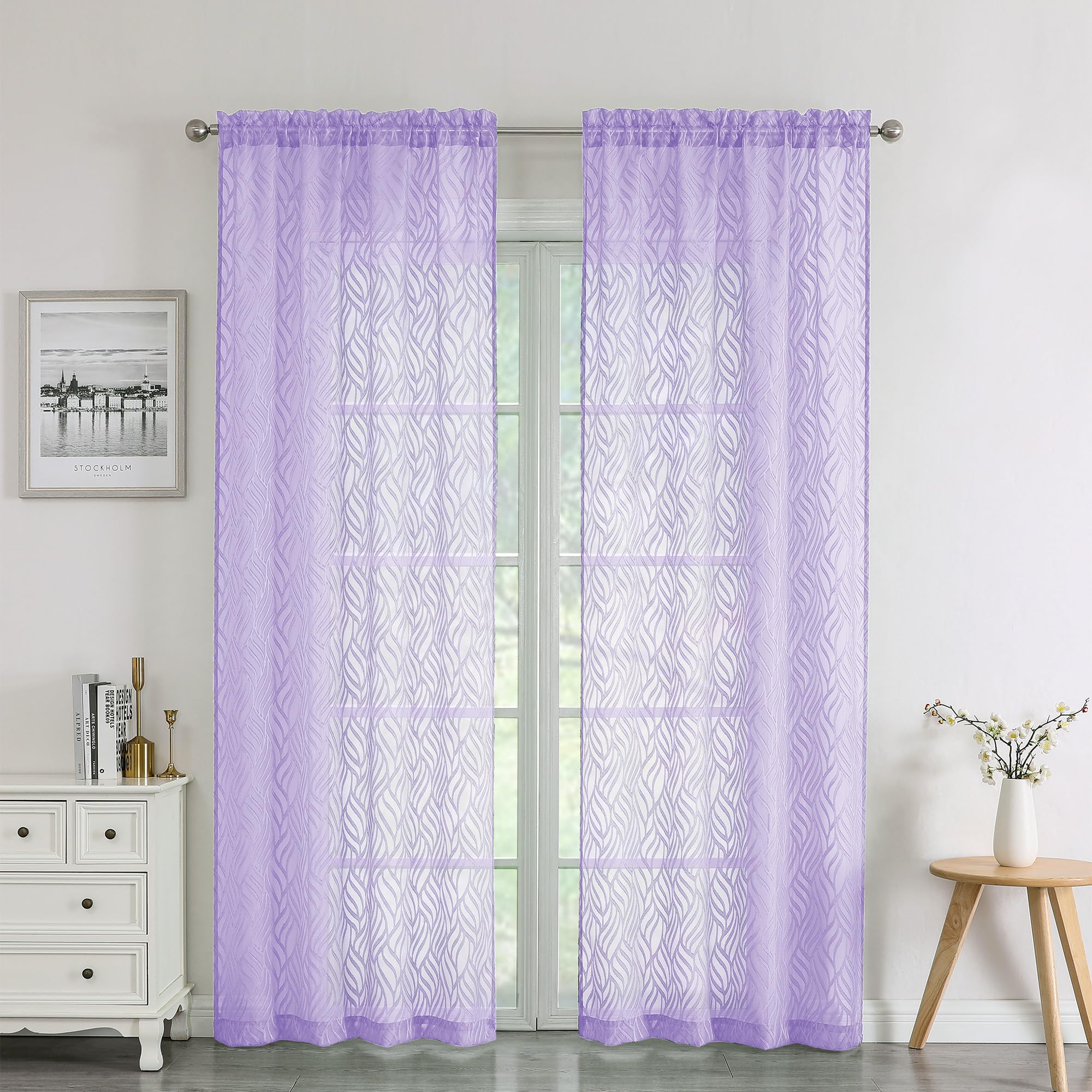 Chyhomenyc Marilyn Light Purple Sheer Curtains 72 Inch Length 2 Panels Set, Light Filtering Airy 3D Leaf Clip Jacquard Sheer Cur