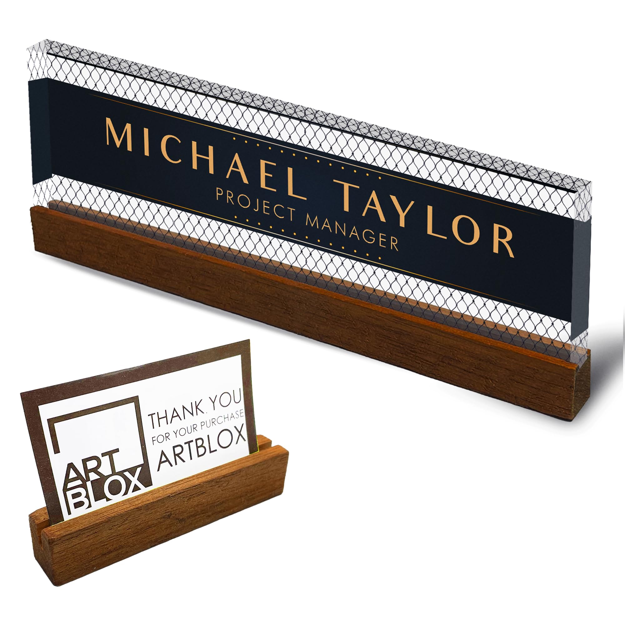 Artblox Personalized Office Desk Name Plate With Business Card Holder | Clear Acrylic Glass With Teak Wood Stand | Net Shape Des
