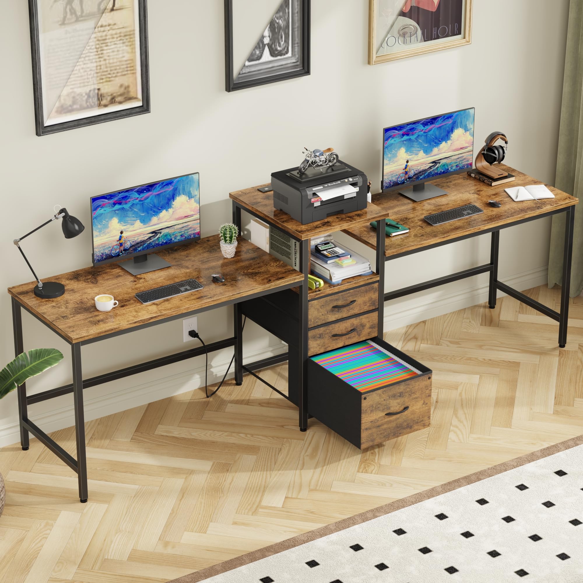 GYIIYUO 93 Two Person Desk with Charging Station, Long Desk with 3 Fabric Drawers and Printer Shelf, Double Computer Desk, 2 P
