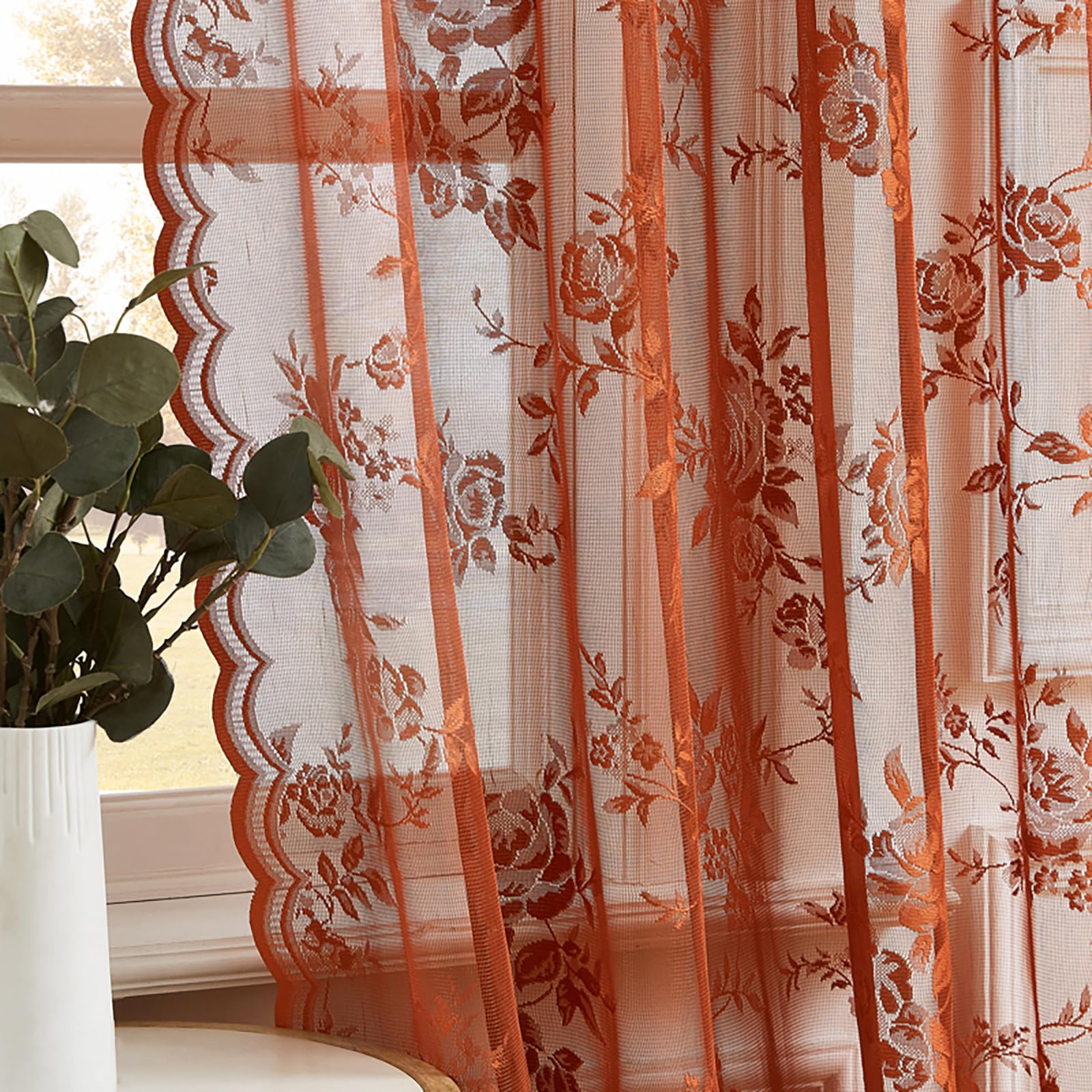 Terracotta Lace Curtains 80 Inches Long Country Rustic Floral Sheer Curtains for Living Room Bedroom Autumn Drapes Rod Pocket Li