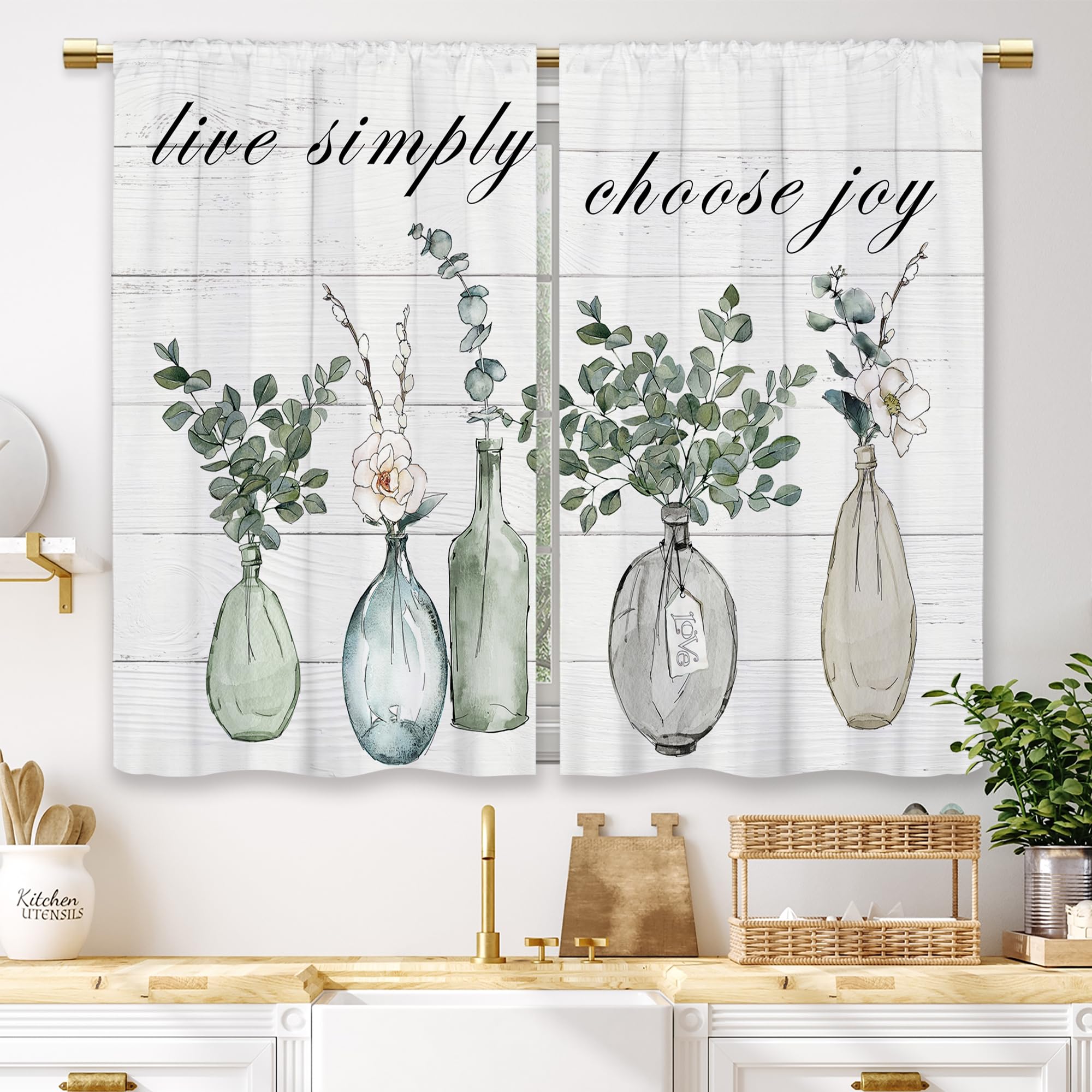 Laifzere Eucalyptus Bottles Plant Kitchen Curtains Sage Green Leaf Botanical Small Short Cafe Window Curtains Farmhouse Rustic F