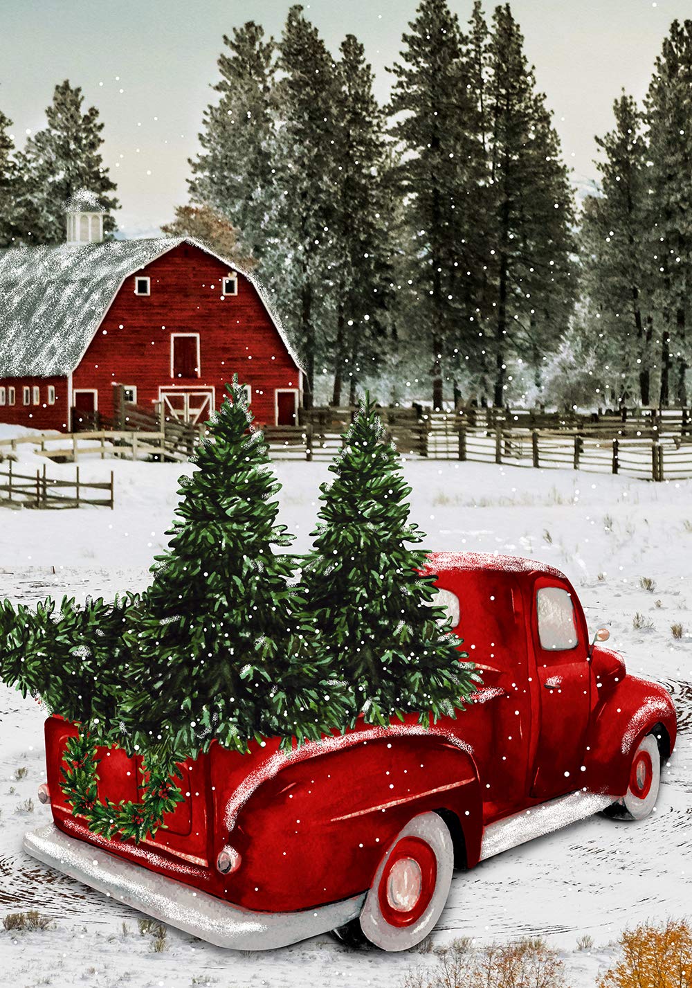 Texupday Welcome Winter Christmas Red Truck Decoration Snow Scene Holiday House Flag Outdoor Yard Flag 28' X 40'