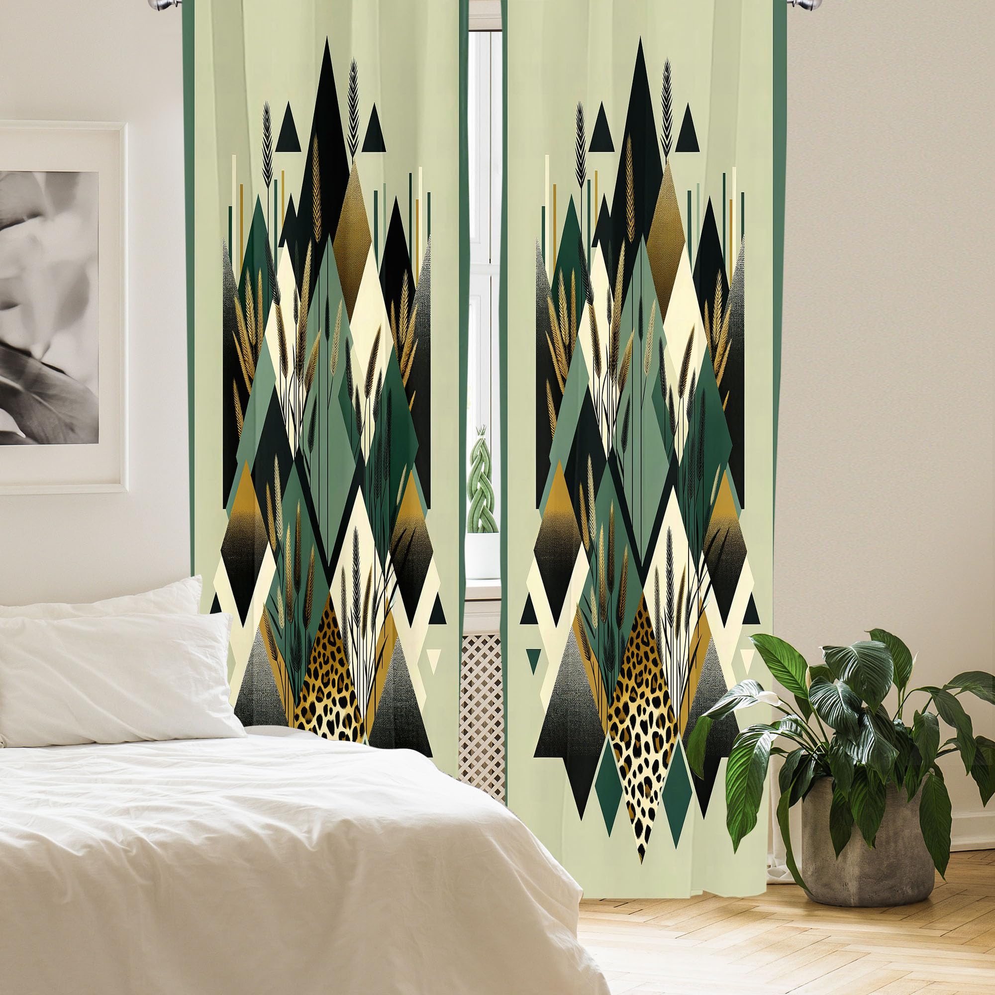 Ambesonne Bohemian Window Curtains, Diamond Shapes Geometric Design Abstract Botanical Design Boho, Lightweight Decor 2-Panel Se