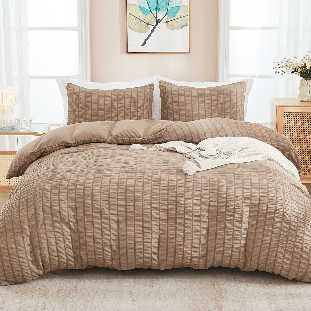 Avelom Seersucker Duvet Cover Set Queen Size (90 X 90 Inches), 3 Pieces (1 Duvet Cover, 2 Pillow Cases), Taupe Ultra Soft Washed Microfiber, Textured Duvet Cover With Zipper Closure, Corner Ties