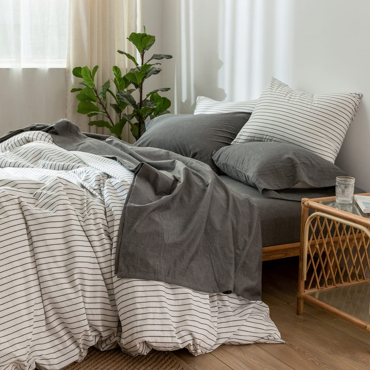 Moomee Bedding Sheet Set 100% Washed Cotton Linen Like Textured Breathable Durable Soft Comfy (Dark Grey, Full)