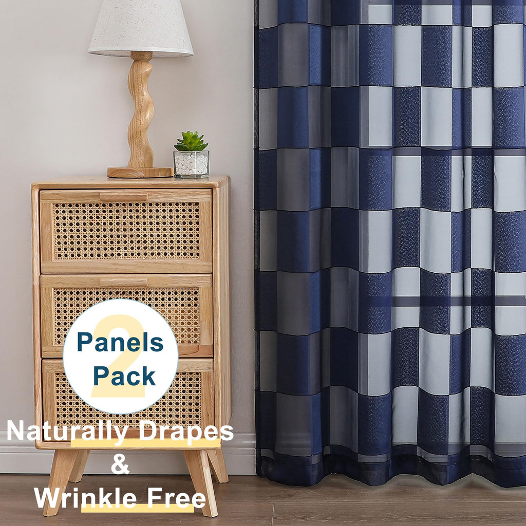 Ovzme Barry Navy Blue Curtains 54 Inches Long 2 Panels - Privacy Soft Checkered Light Filtering Sheer Drapes, Clip Textured Semi