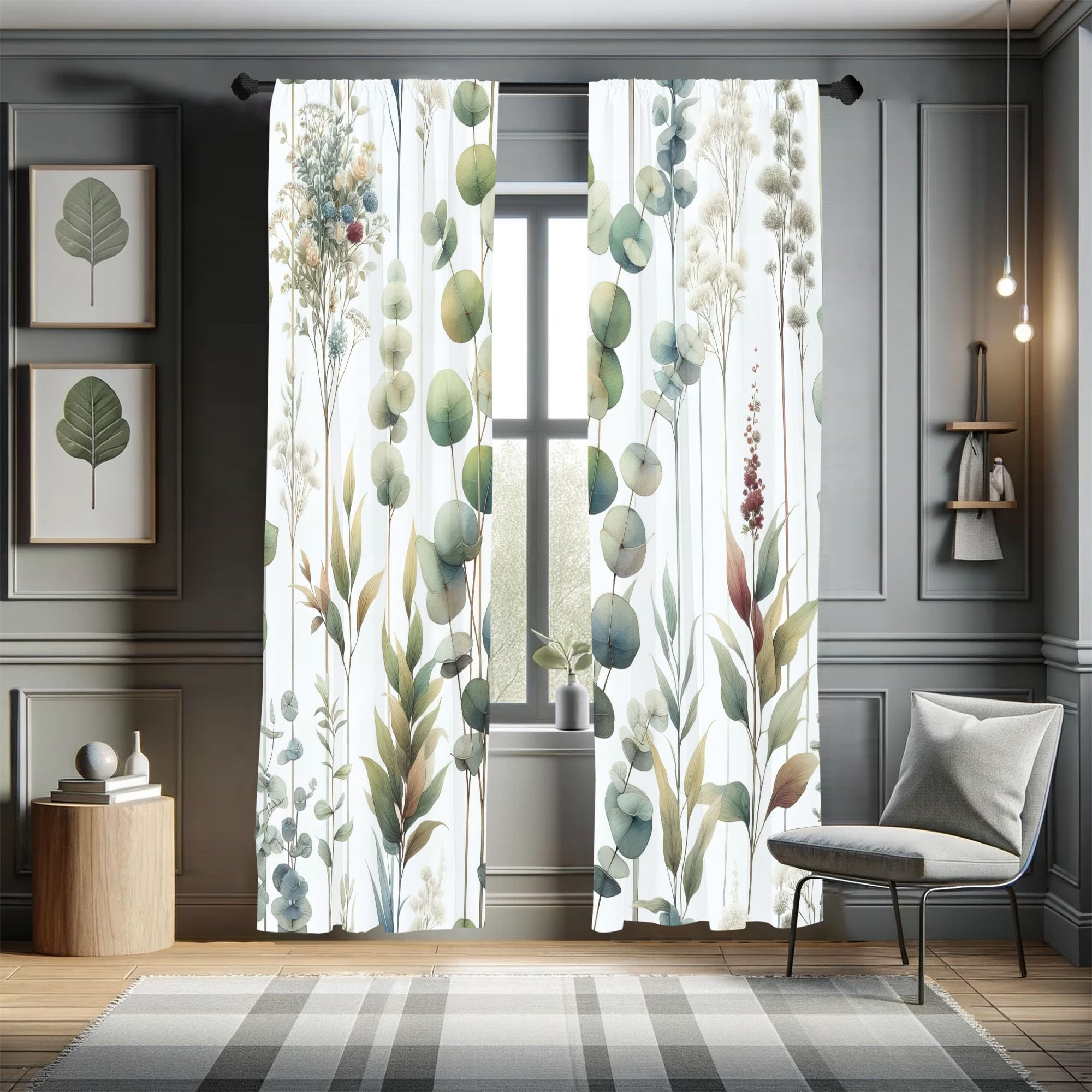 Ambesonne Green Window Curtains, Watercolor Look Modern Illustration of Urban Jungle Leaves with Stripes, Lightweight Decorative