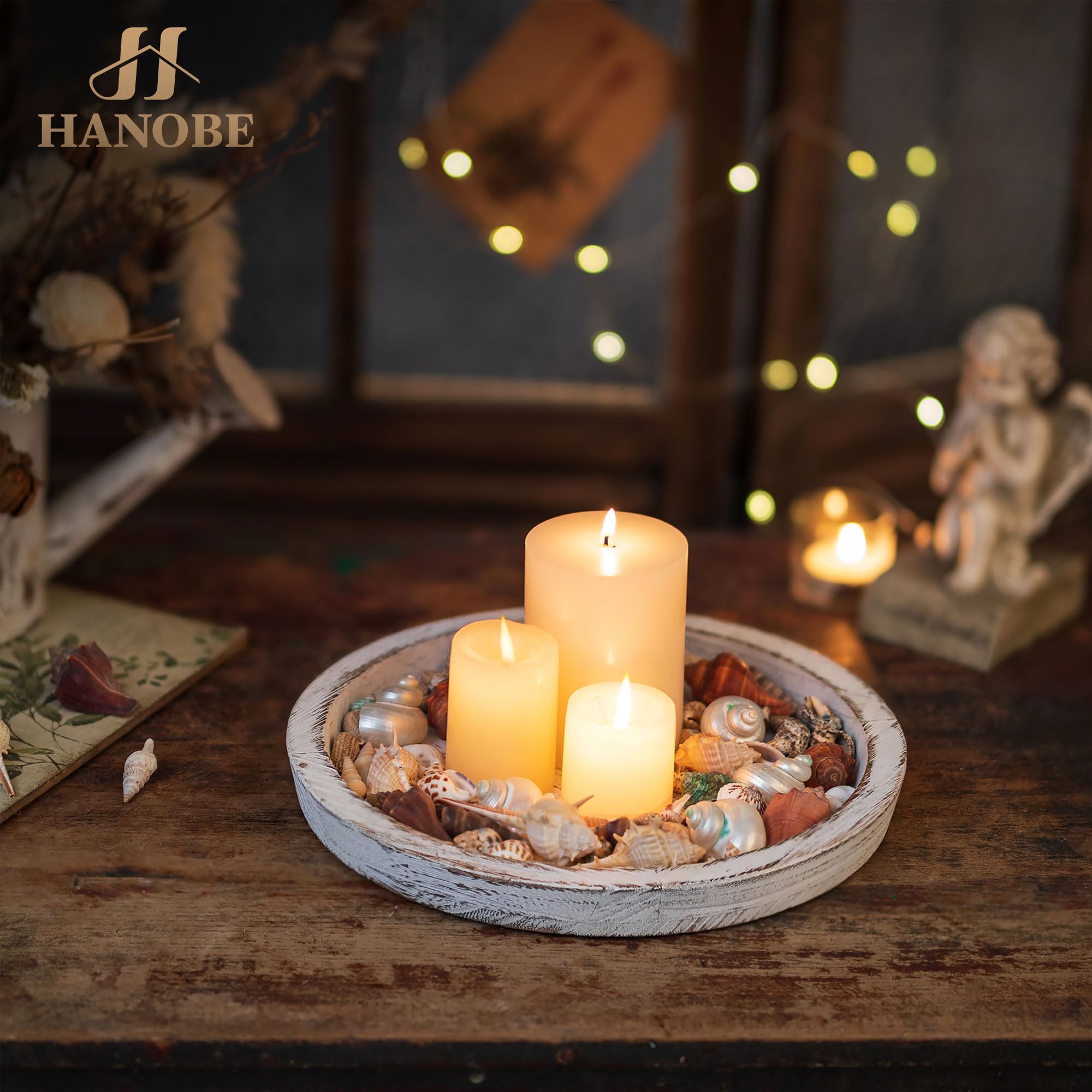 Hanobe Candle Plate Holder Tray: Round Wooden Decorative Candle Plate Small Farmhouse Table Centerpiece Rustic White Wood Tealig