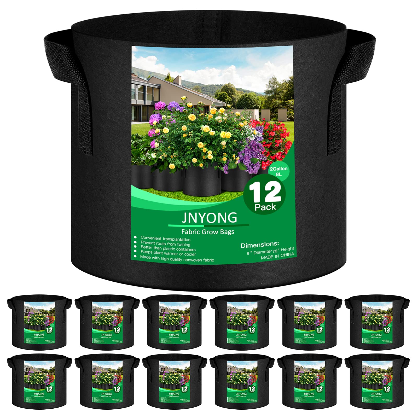 Jnyong 12-Pack 2 Gallon Thickened Non-Woven Grow Bags, Aeration Fabric Pots With Handles