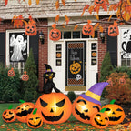 Brdjade 8Ft Long Halloween Inflatables Pumpkin Outdoor Decorations, 7 Blow Up Pumpkins Inflatables With Witch Hat & Black Cat Bu