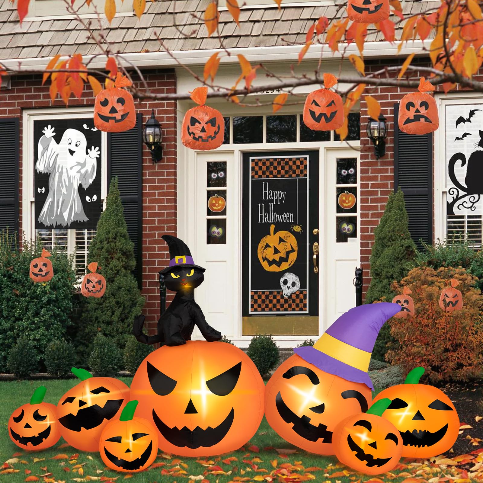 Brdjade 8Ft Long Halloween Inflatables Pumpkin Outdoor Decorations, 7 Blow Up Pumpkins Inflatables With Witch Hat & Black Cat Bu