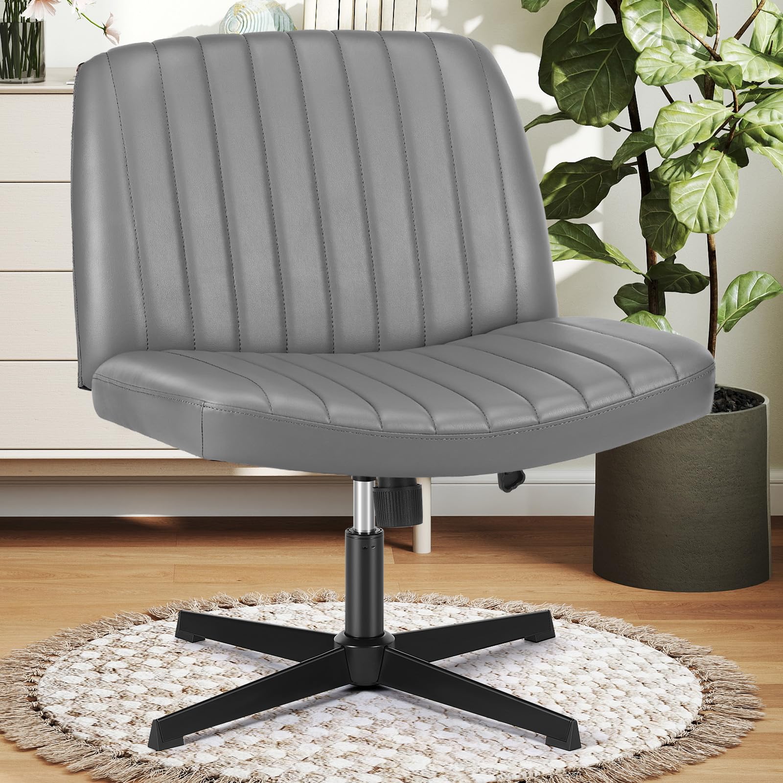 DUMOS Criss Cross Chair No Wheels Wide Comfy Seat Height Adjustable Armless Home Office Computer Task Chairs, PU Leather Swivel 