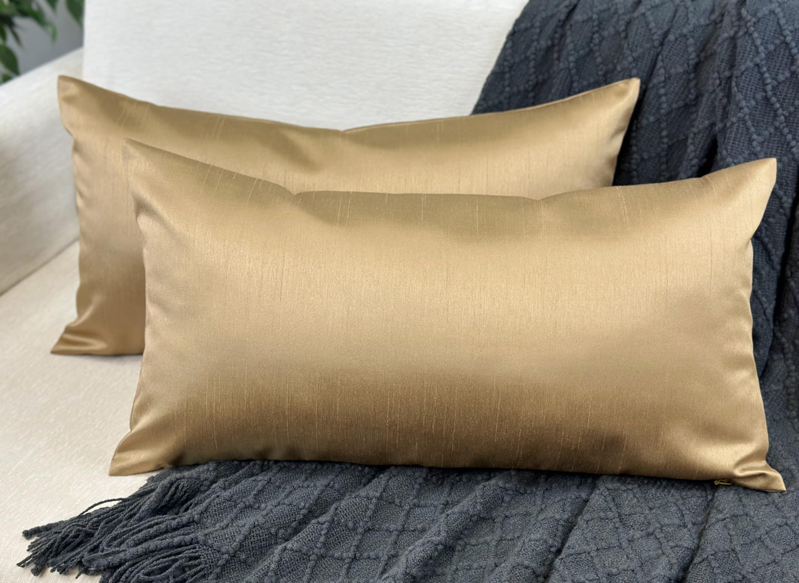 Aiking Home Collection 12X24 Inches Faux Silk Rectangular Throw Pillow Cover, Zipper Closure, Brass (Set Of 2)