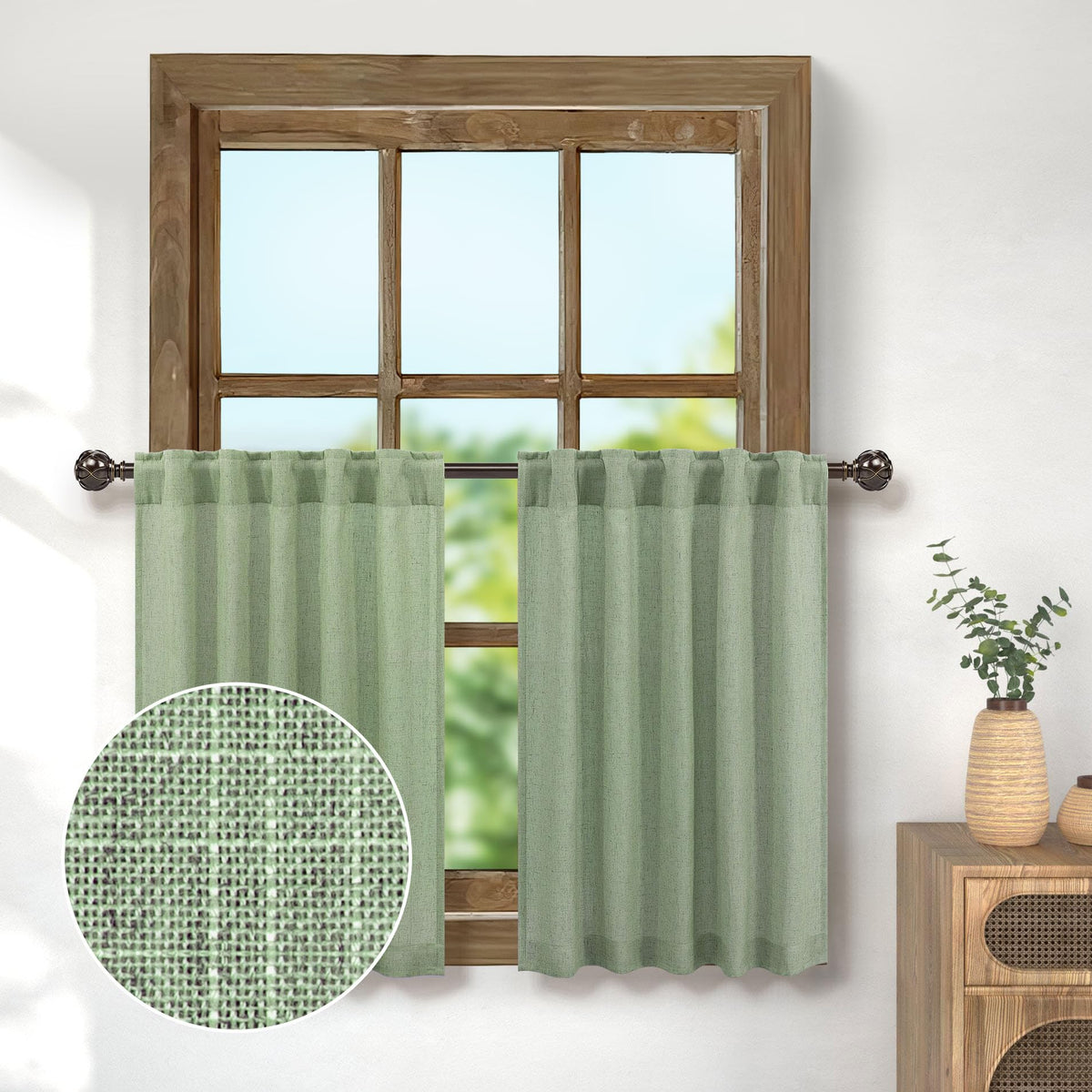 Country Kitchen Curtains For Small Window 30 Inch Length 2 Tier Panel Back Tab Top Pocket Thick Sheer Short Linen Sage Green Cur