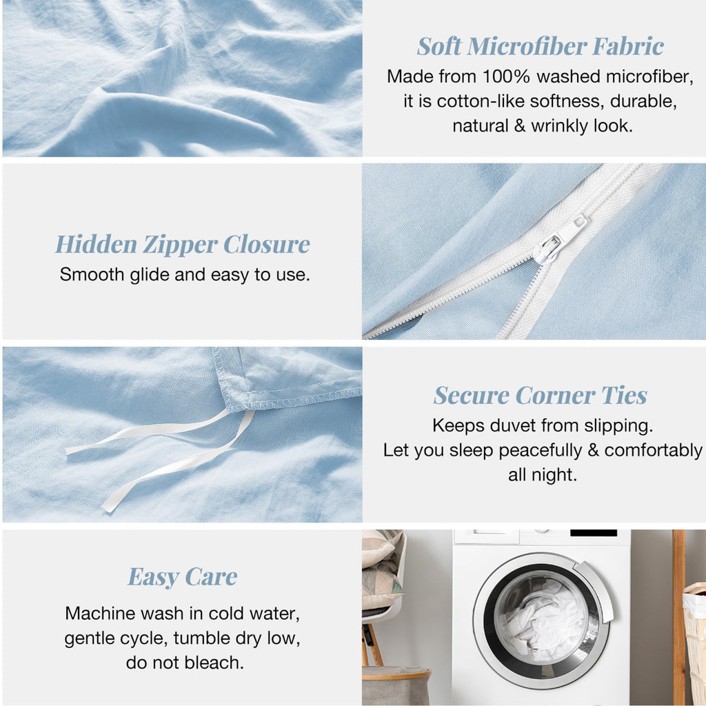 Mildly Super Soft Duvet Cover - 100% Washed Microfiber Cool Blue Comforter Cover Set 3 Pieces With Zipper Closure & Corner Ties
