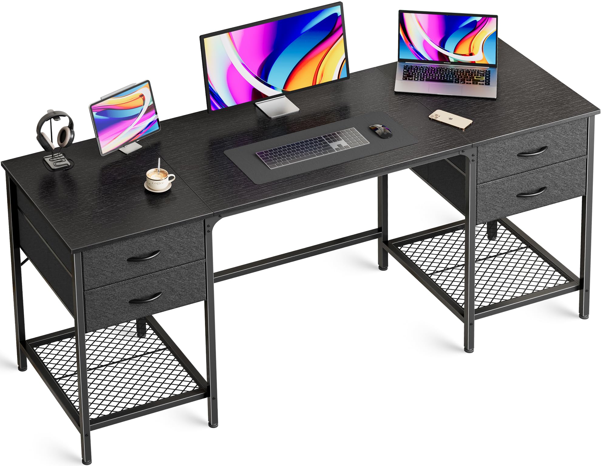 Huuger 63 Inch Computer Desk With 4 Drawers, Office Desk With Mesh Shelf, Gaming Desk, Large Storage, Writing Desk Work Desk For Home Office, Study, Bedroom, Work From Home, Black