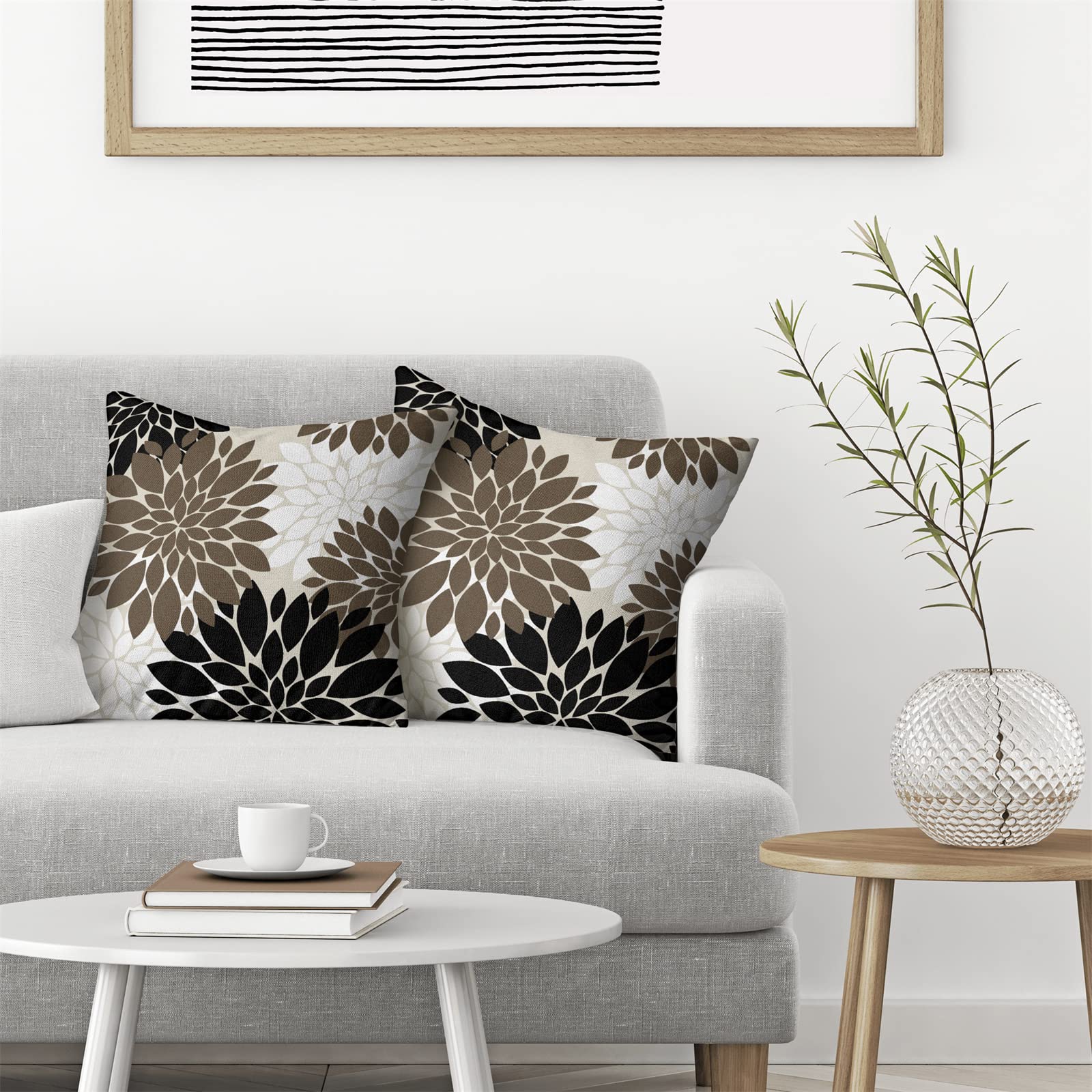 Brown Black White Pillow Covers 18X18 Inch Set Of 2 Dahlia Floral Decor Throw Pillows Summer Modern Geometry Flower Outdoor Deco