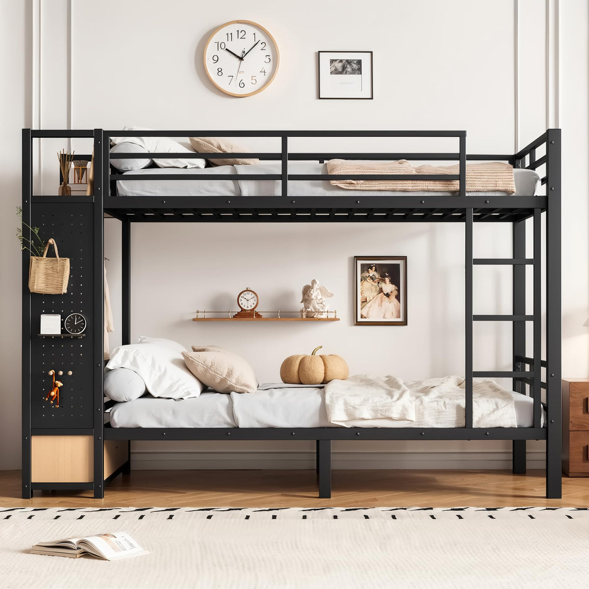 DNYN Twin XL Over Twin XL Metal Bunk Bed with 2 Drawers and Builtin Wardrobe for Teens Bedroom/Dorm/Staff Housing, SpaceSaving