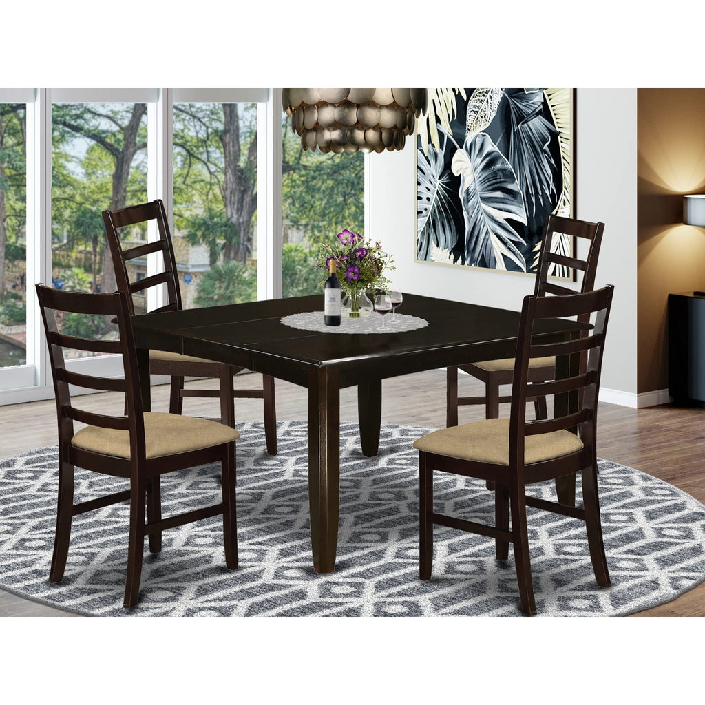 East West Furniture Parfait 5 Piece Set for 4 Includes a Square Table with Butterfly Leaf and 4 Linen Fabric Kitchen Dining Chairs, 54x54 Inch, Cappuccino