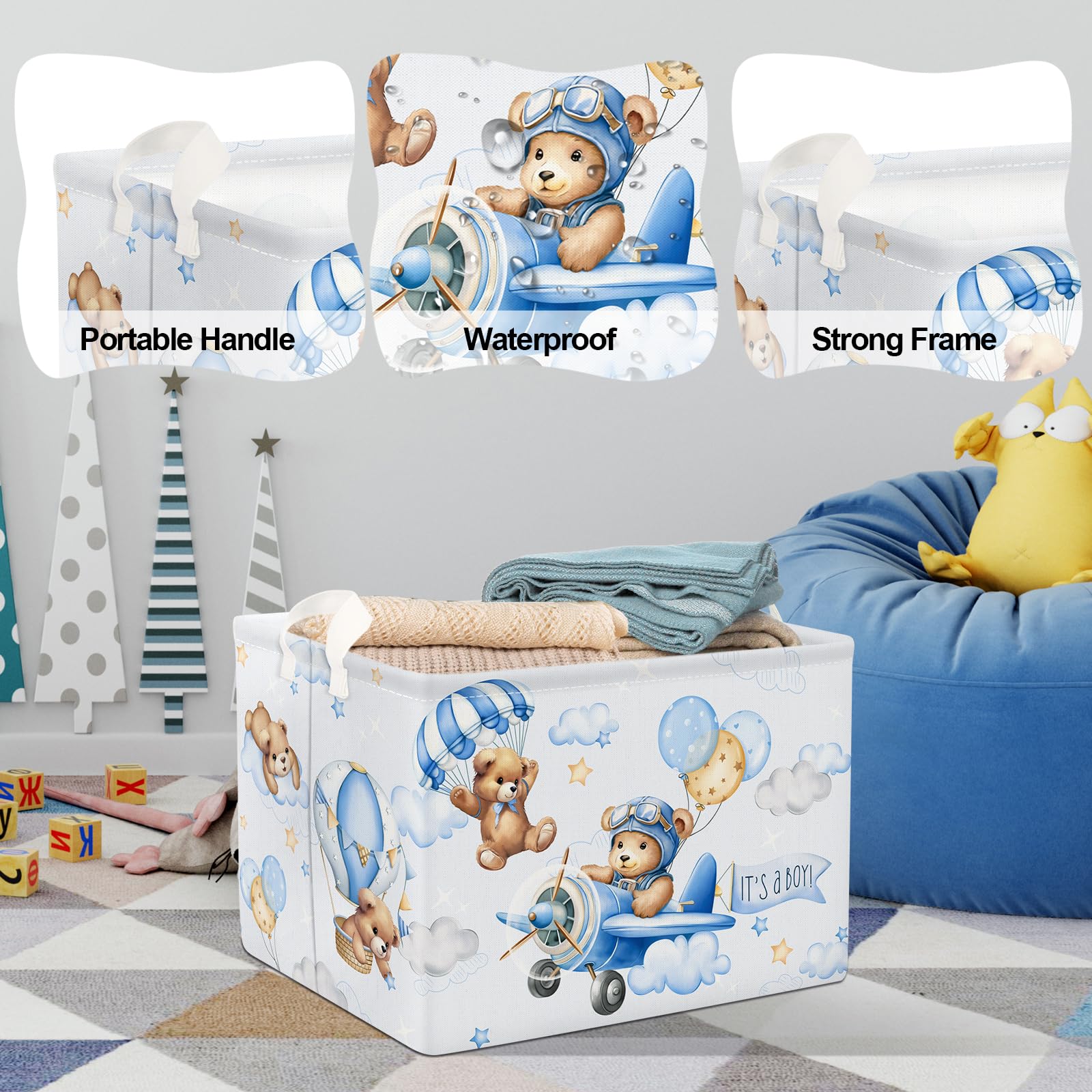 Clastyle 36L Blue Pilot Bear Boy Shower Basket Hot Air Balloon Gift Basket For Kid Room Nursery Pool Toy Towel Book Shelf Basket