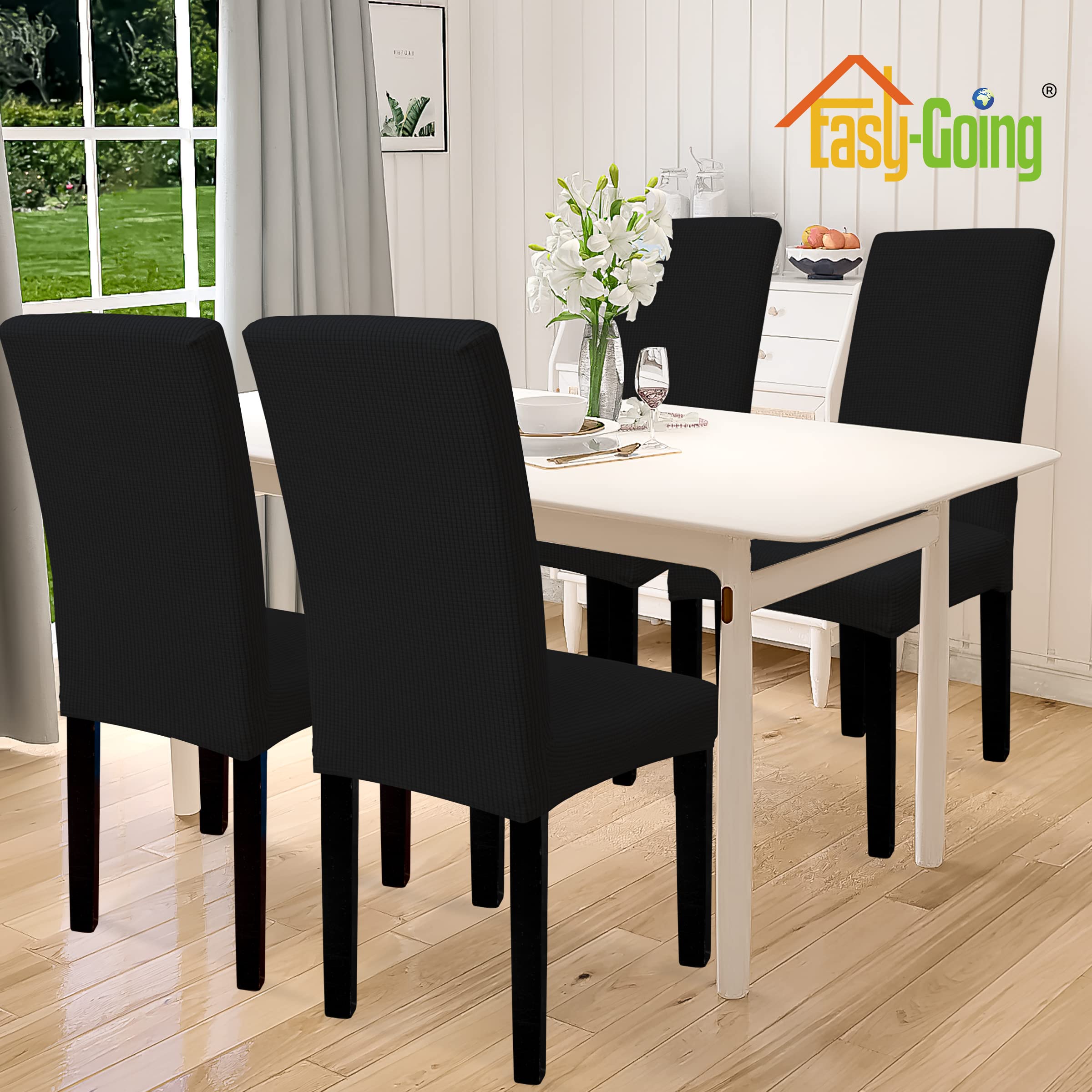 Easy-Going 100% Waterproof Dining Room Chair Cover Set Of 4, Stretch Jacquard Parson Chair Slipcover Removable Washable Chair Protector For Home, Restaurant, Banquet (Xlarge, Black)