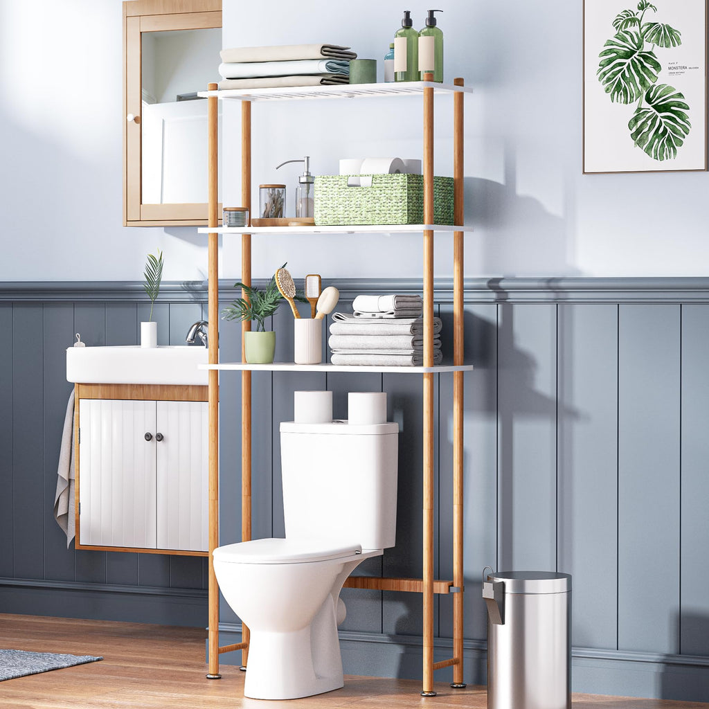 Amazerbath Bamboo Over The Toilet Storage Shelf, Bathroom Storage Organizer Rack, 3-Tier Bathroom Shelves Space Saver, White And Natural Color
