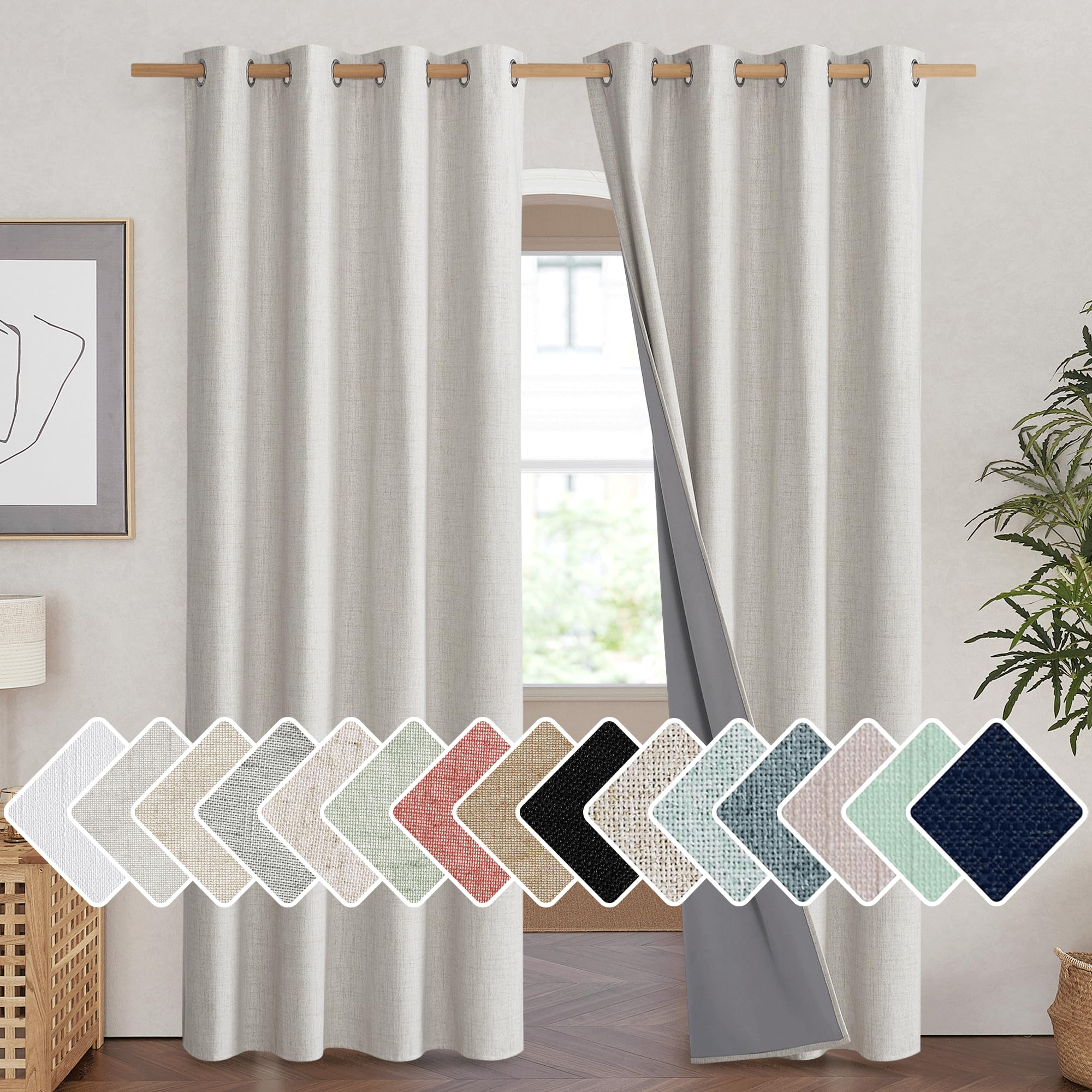 NICETOWN Snowbound Vintage Linen 100% Blackout Curtains for Living Room, Thermal Insulated Curtains 90 Long, Noise Reducing Wind