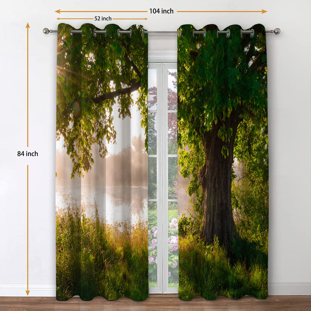 Jekeno Oak Tree Forest Blackout Curtains Green Tree Jungle Nature Landscape Foggy Scenery Stream View Print Tree Decor For Bedro