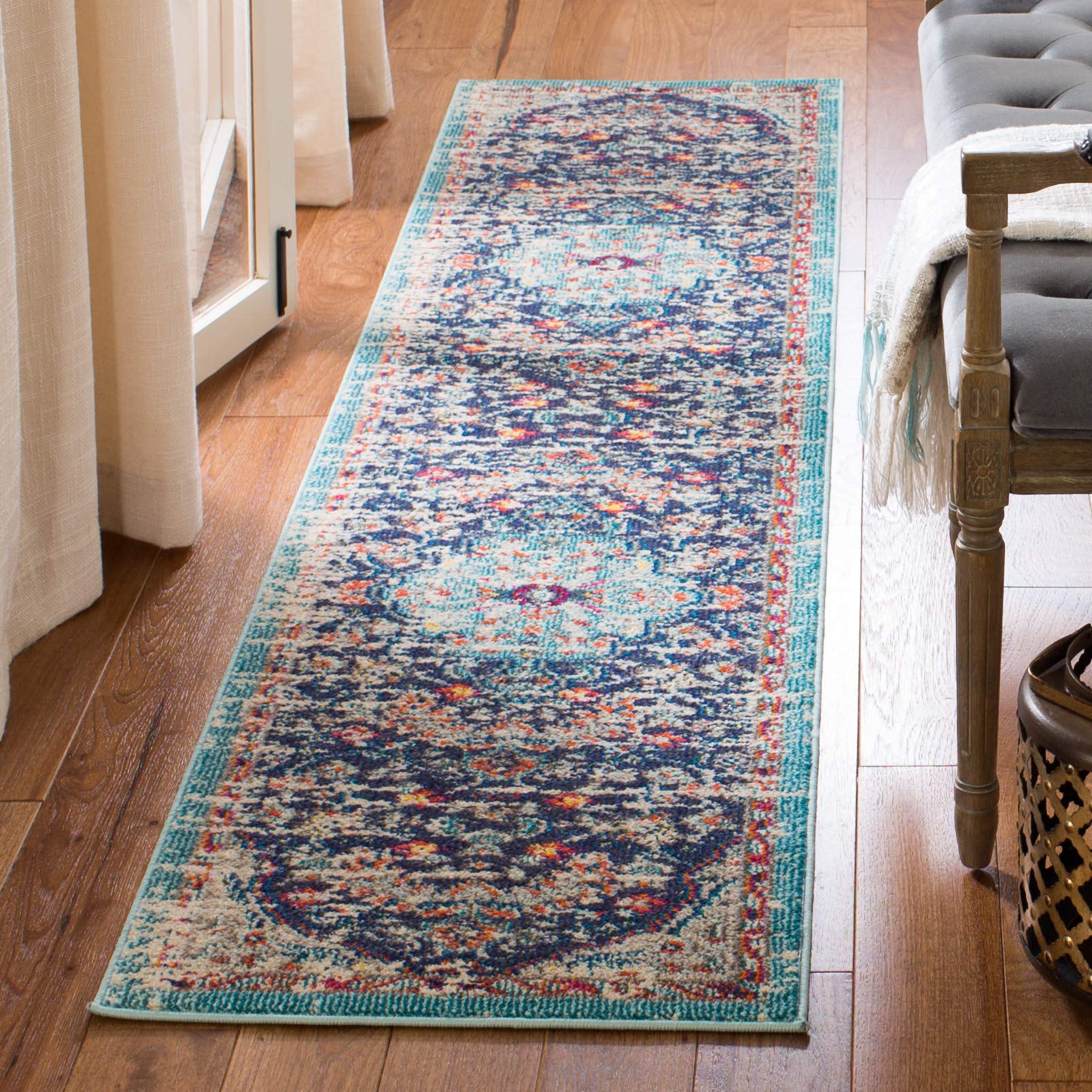 SAFAVIEH Madison Collection Runner Rug - 22 x 6, Black & Teal, Boho Chic Medallion Distressed Design, Non-Shedding & Easy Care