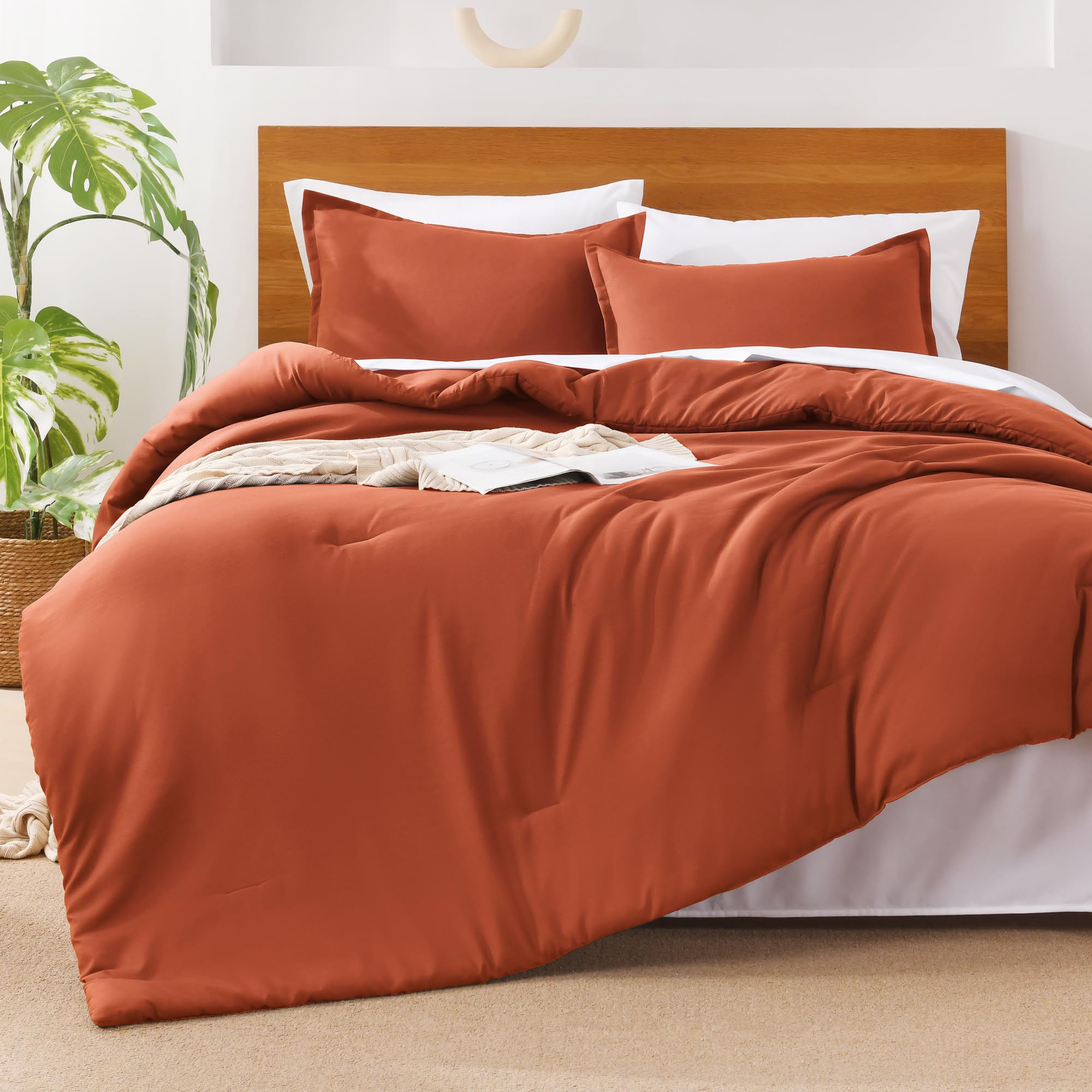 Andency Burnt Orange King Size Comforter Set - 7 Pieces Terracotta Bed In A Bag King Bedding Comforter Sets, Summer Solid Soft Lightweight Comforter With Sheets, Pillowcases & Shams