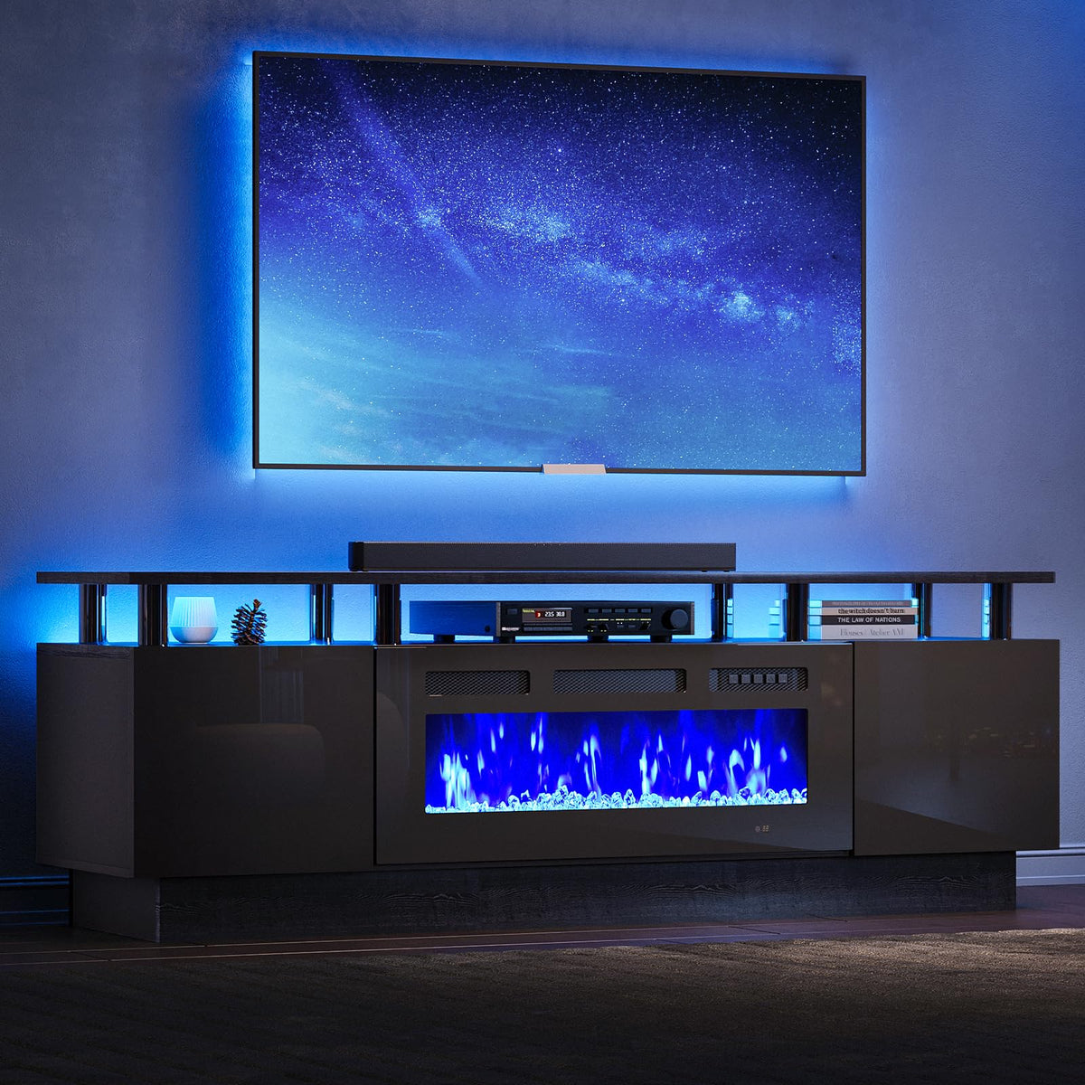 Nordivale Modern 70 ' Fireplace Tv Stand With Led Flame And Lights, Tv Stand With Electric Fireplace, Media Entertainment Cente