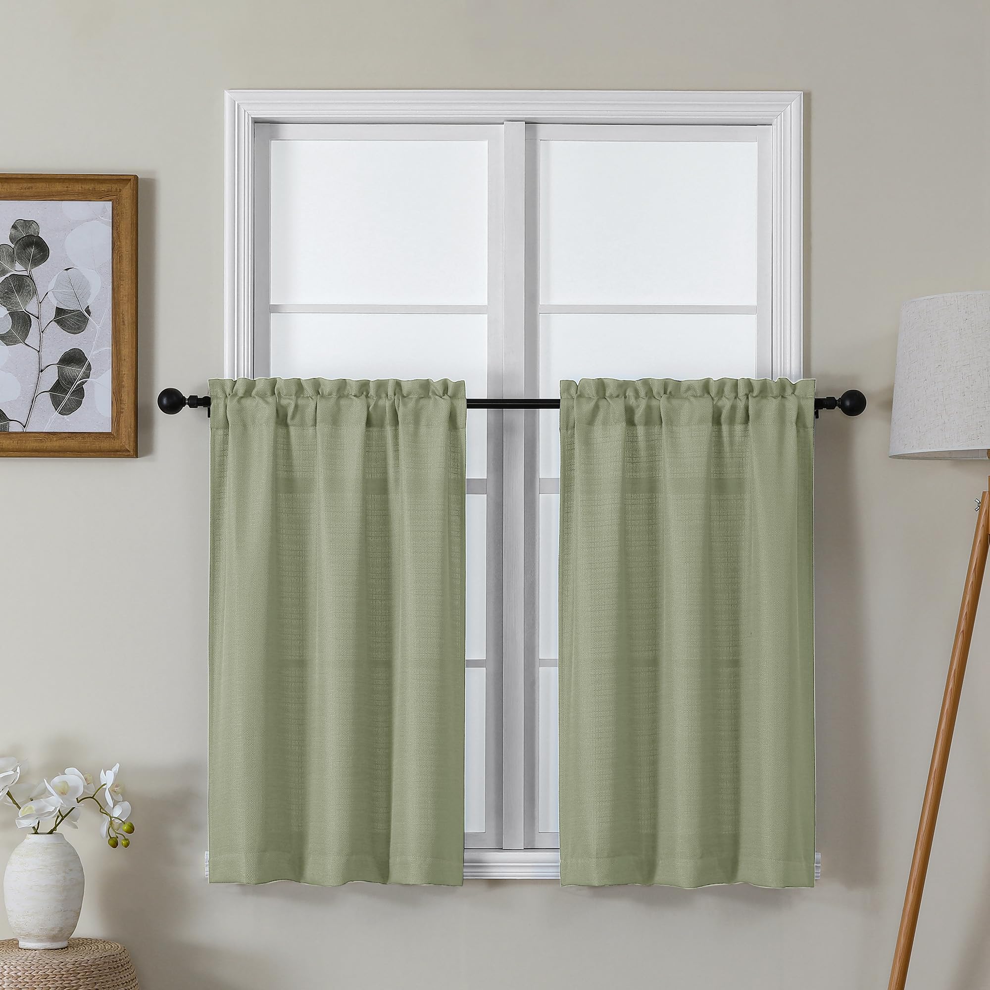 Lecloud Bessie Light Green Kitchen Curtains 36 Inch Length 2 Panels Set, Faux Linen Textured Curtain Tiers, Light-Filtering Wind