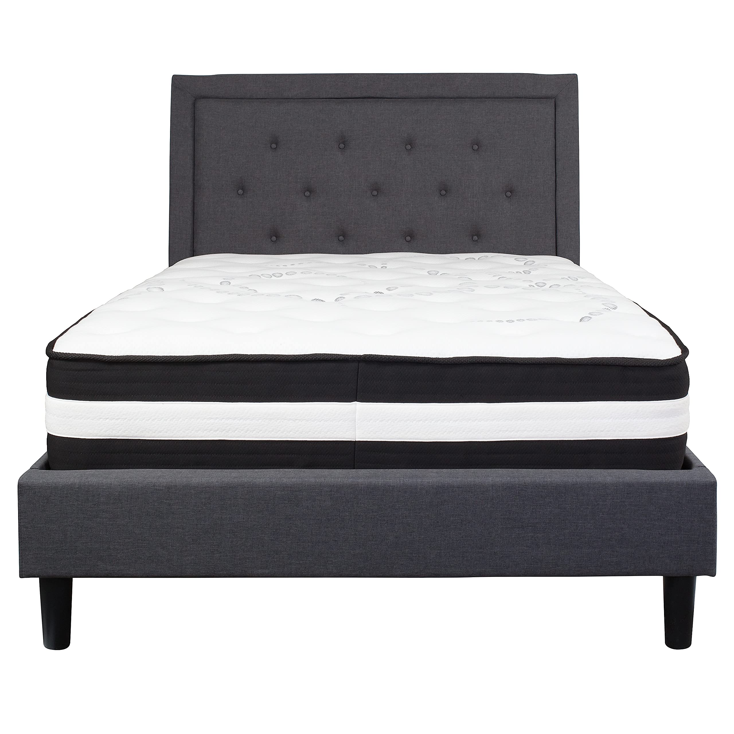 Flash Furniture Roxbury Full Size Tufted Upholstered Platform Bed In Dark Gray Fabric With Pocket Spring Mattress