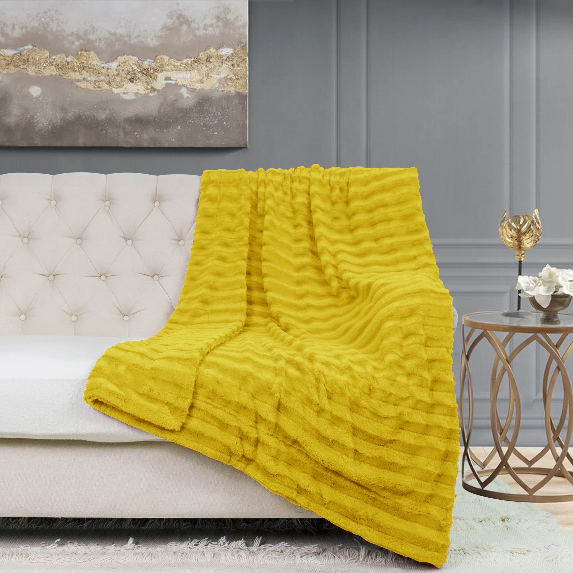 Home Soft Things Derby Double Sided Faux Fur Throw Blanket, Lemon Curry, 50' X 60', Super Soft Comfy Fluffy Plush Bed Couch Co