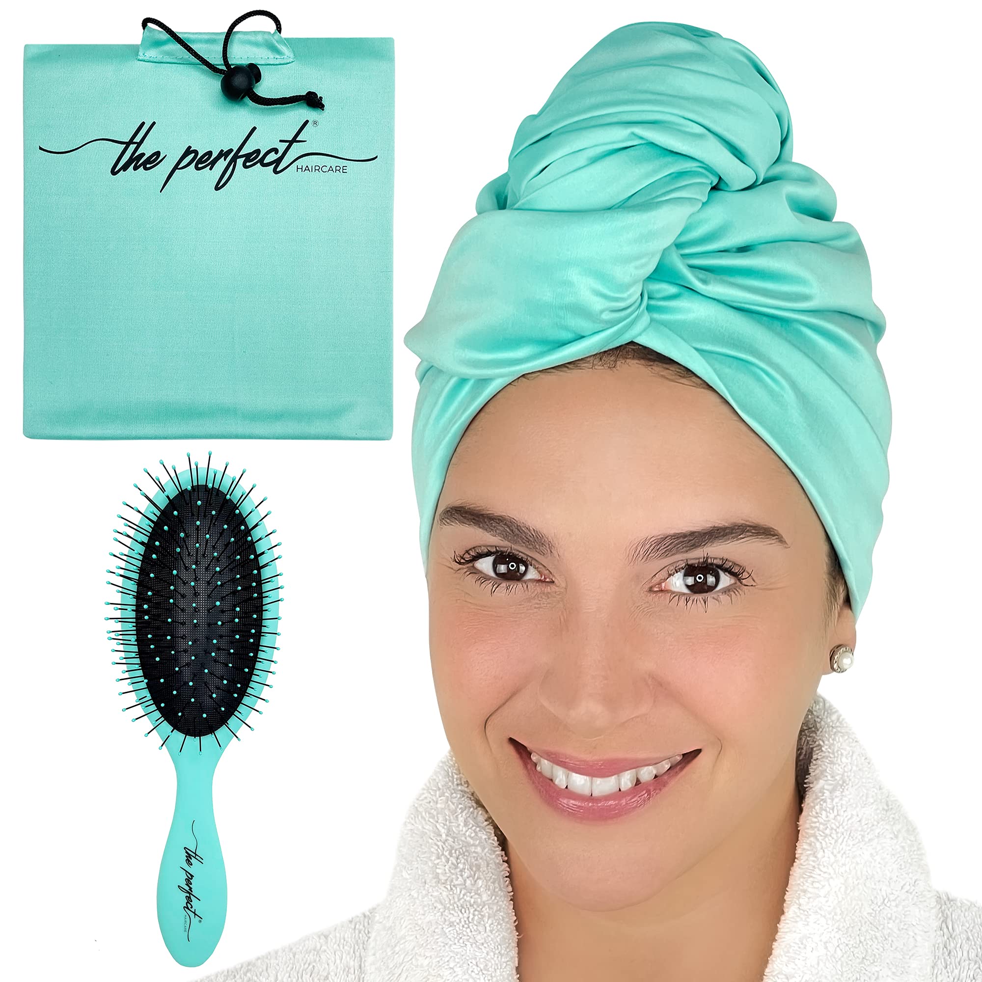 THE PERFECT HAIRCARE Microfiber Curly Hair Towel Wrap with Wet/Dry Brush - Fast Drying and Gentle Detangling for Women, Girls, K