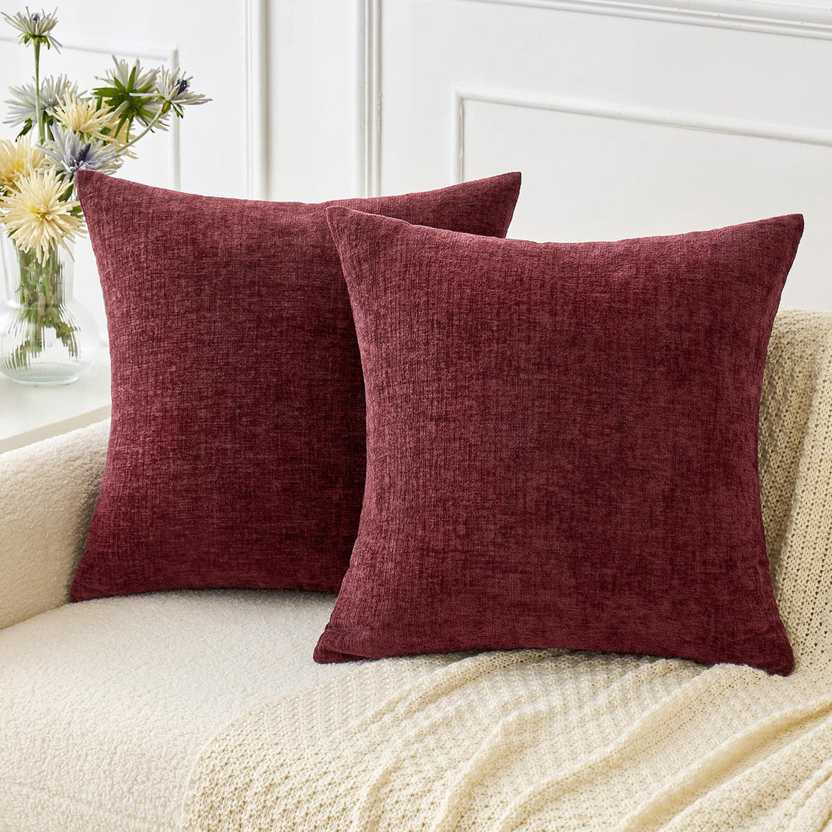 Miulee Pack Of 2 Christmas Wine Red Couch Throw Pillow Covers 20X20 Inch Soft Chenille Pillow Covers For Sofa Living Room Solid