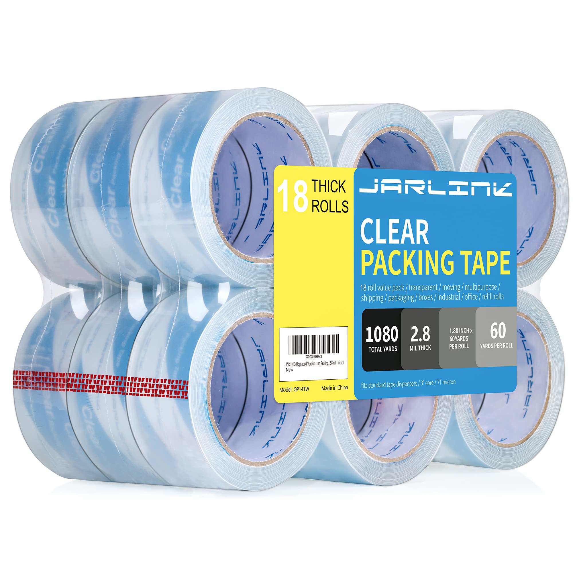 Jarlink Clearer Packing Tape 18 Rolls, Heavy Duty Packaging Tape For Shipping Packaging Moving Sealing, 2.8Mil Thicker, 1.88 Inc